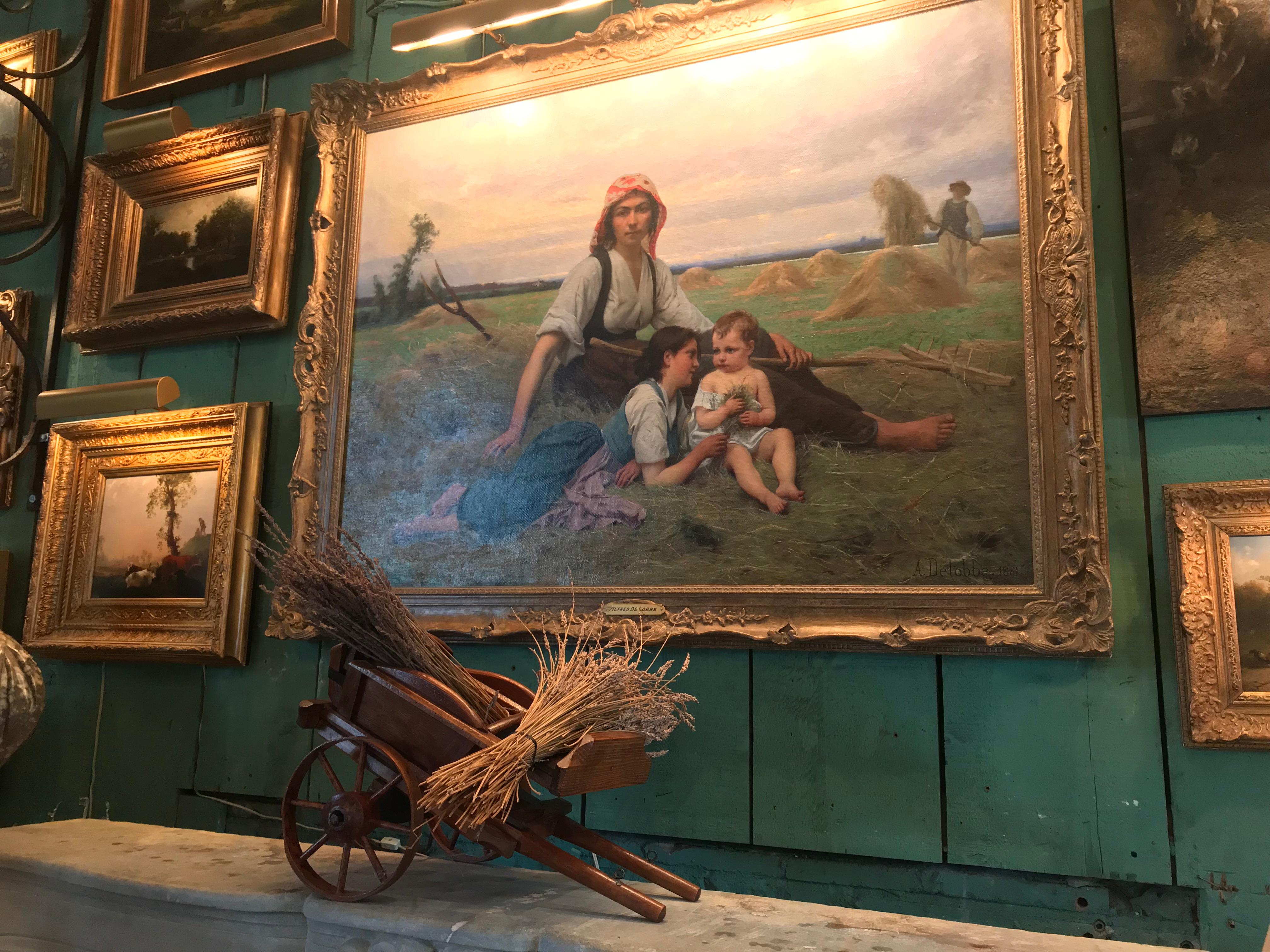 Hay Gatherer at Rest in the Field by Francois Alfred Delobbe 1881 Oil on Canvas
A beautiful large and important masterpiece by Francois Alfred Delobbe.
A similar artwork old master was sold April 18 2008 at Sotheby's for $181,000.00 + 20%  total