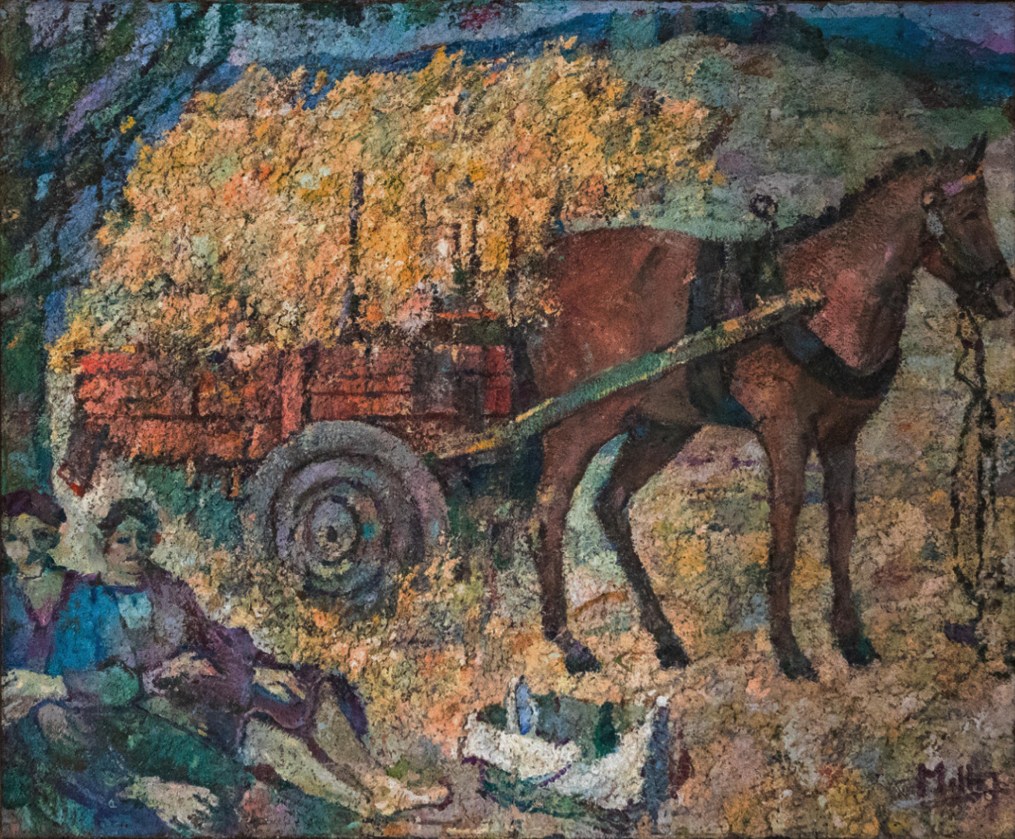 A pointillist-style painting of a peaceful countryside scene featuring a wagon filled with hay, signed by the Portuguese modernist painter Agostinho de Mello Júnior, also known as Mello Junior.

Agostinho de Mello Júnior (1914 to 2002) hailed from