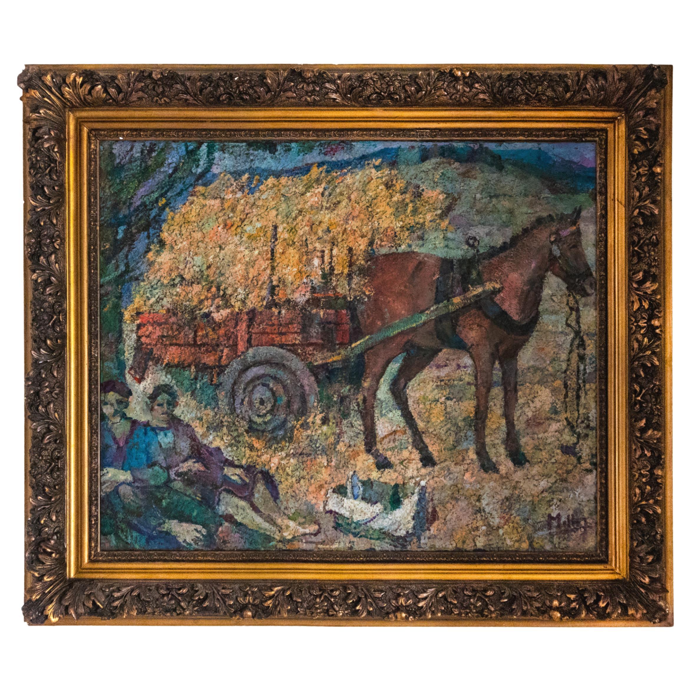 Hay Wagon Modernism Painting By Mello Junior, 20th Century For Sale