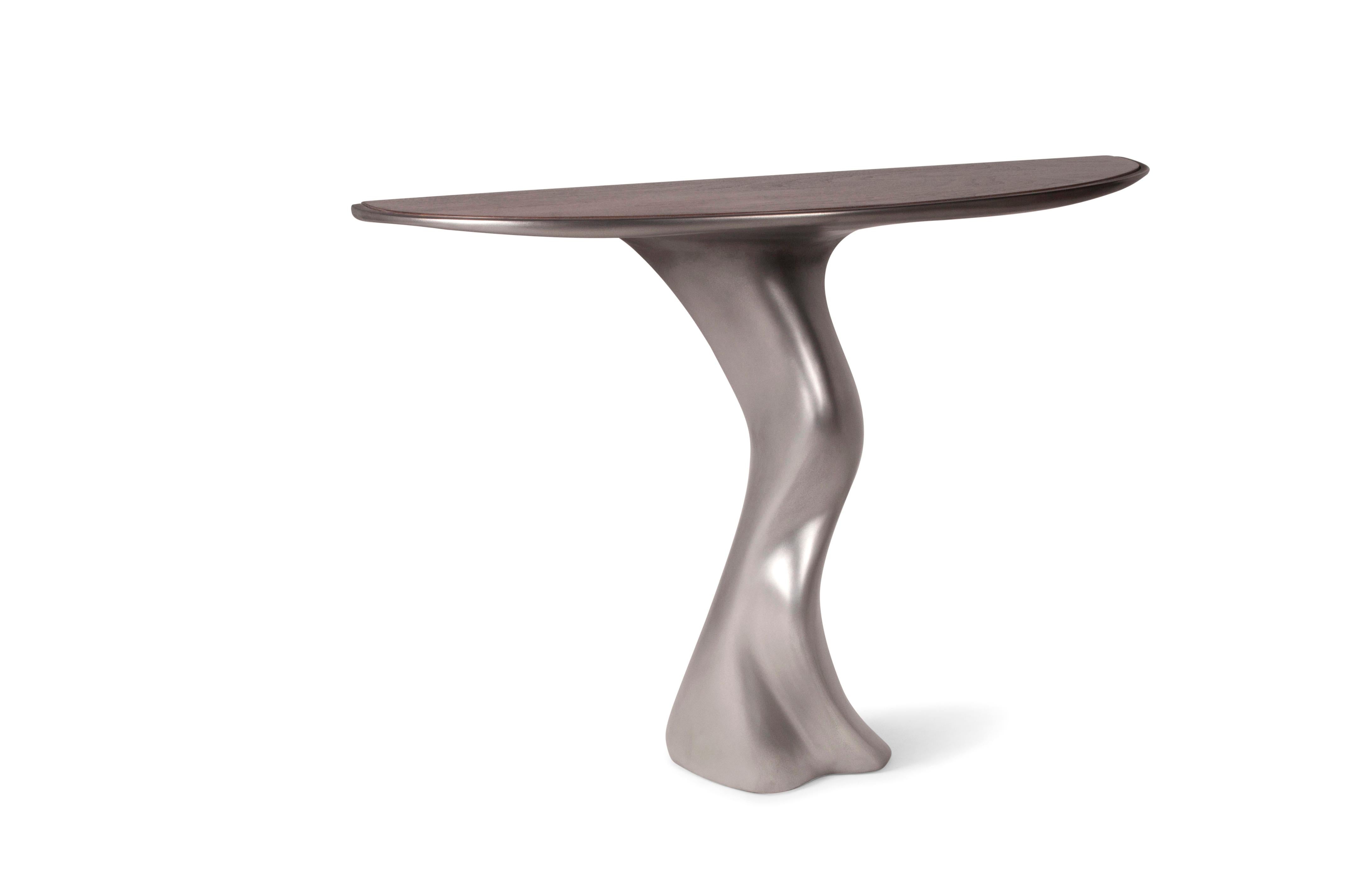Modern Amorph Haya Console Table Stainless Steel Finish with Walnut Top Wall Mount