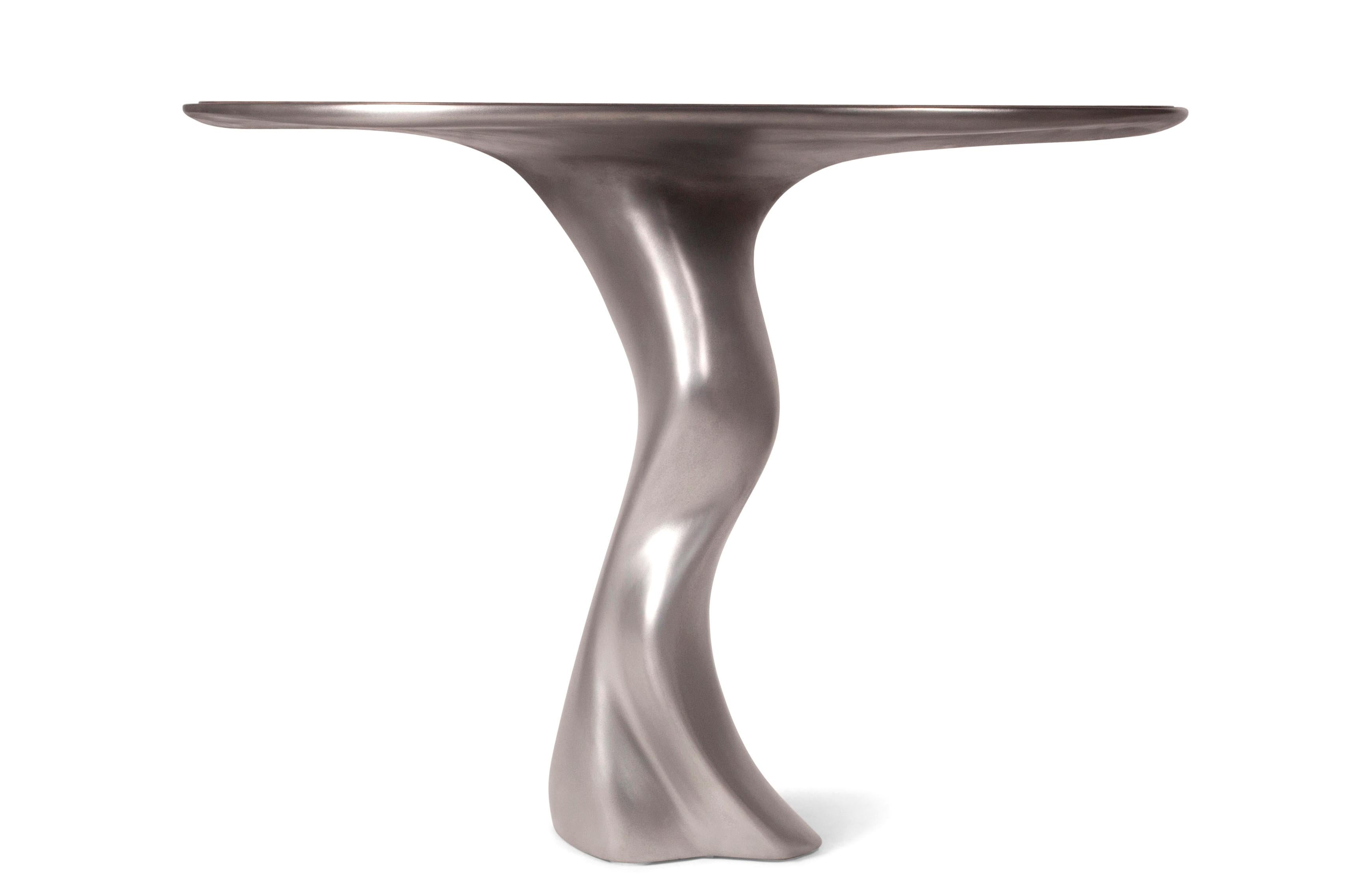 Carved Amorph Haya Console Table Stainless Steel Finish with Walnut Top Wall Mount