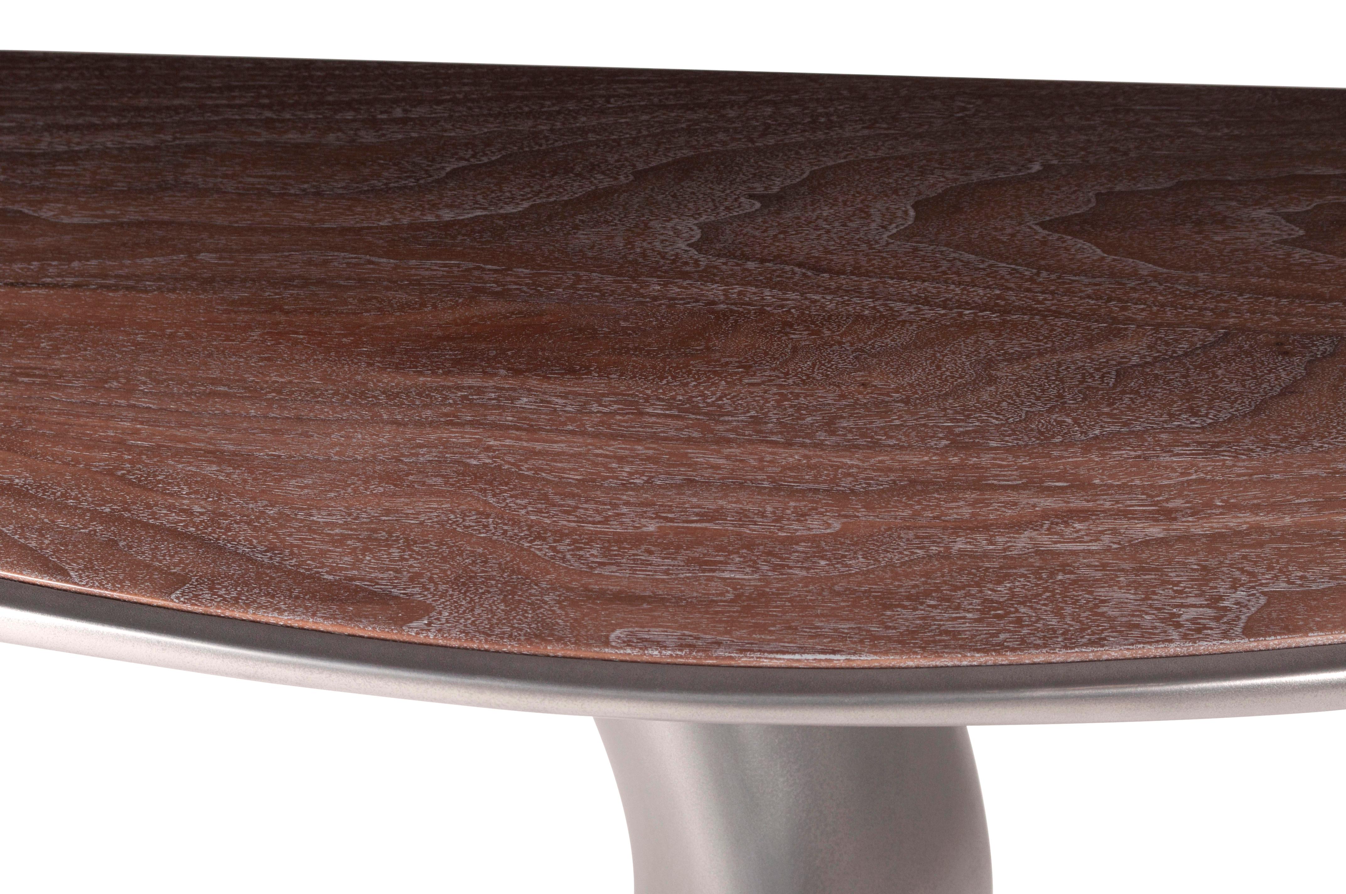 Contemporary Amorph Haya Console Table Stainless Steel Finish with Walnut Top Wall Mount