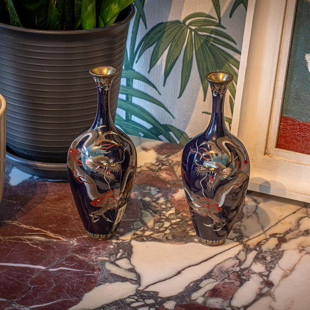 Meiji Period (1868-1912) 

From our Japanese collection, we are delighted to present this exceptional pair of Japanese Cloisonné Enamel Vases by the Hayashi School, dating to the Meiji Period (1868–1912).

The pair is finely crafted with waisted