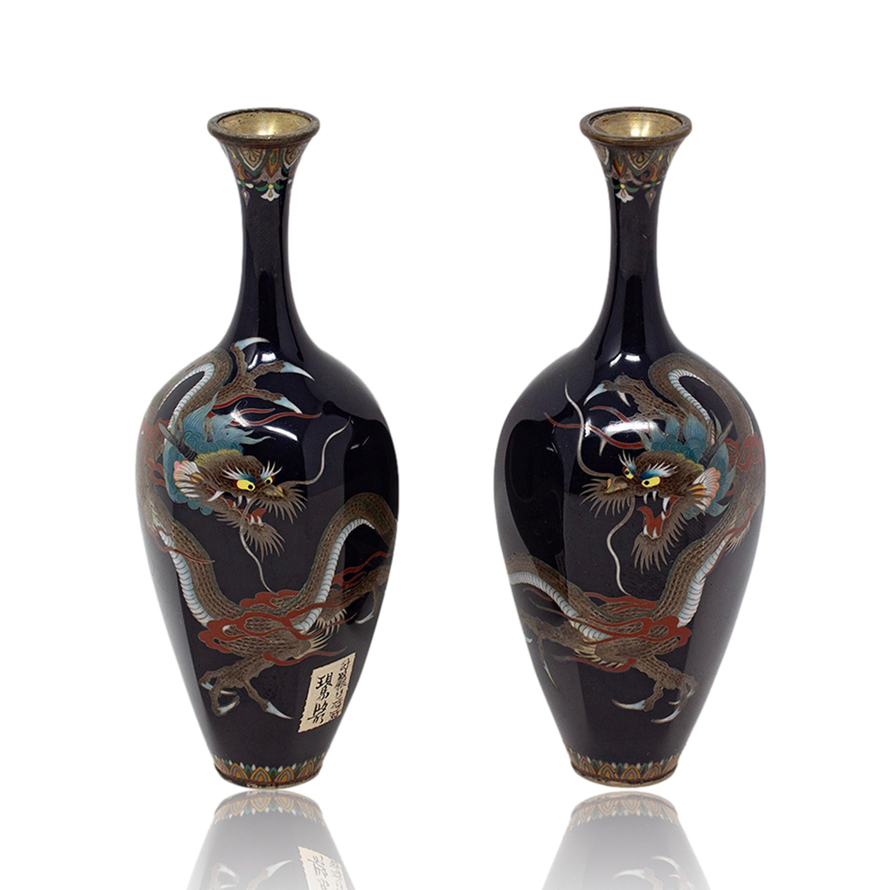 Japanese Hayashi School Cloisonné Vase Pair, Meiji Period with Tomobako For Sale