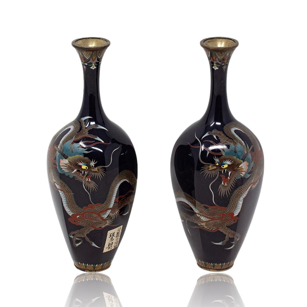 Enameled Hayashi School Cloisonné Vase Pair, Meiji Period with Tomobako For Sale