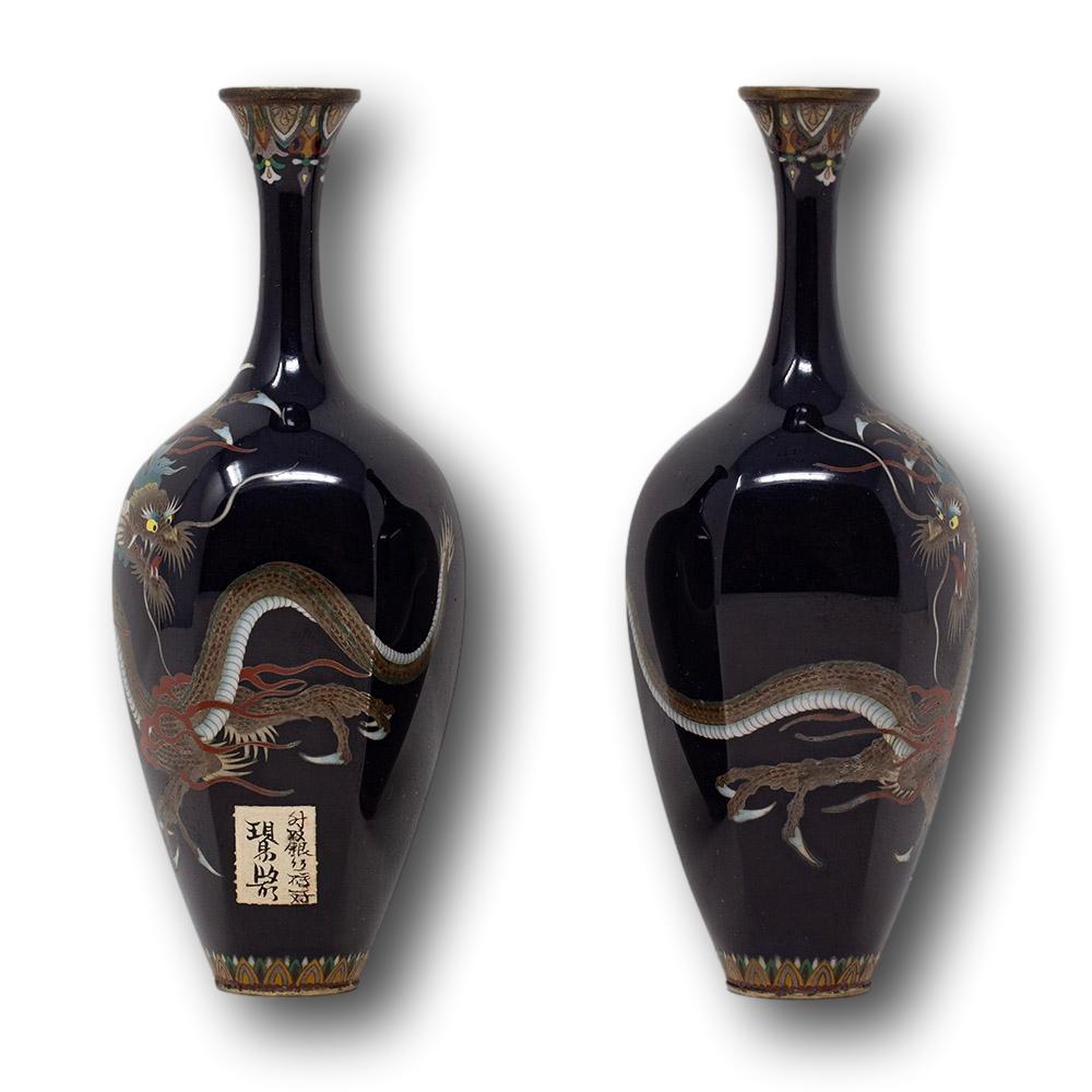 Early 20th Century Hayashi School Cloisonné Vase Pair, Meiji Period with Tomobako For Sale