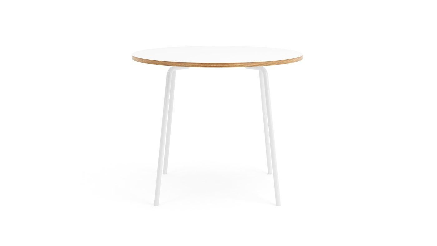 Moderne Table circulaire blanche Hayche Otto, pieds en métal et plateau en contreplaqué, Royaume-Uni en vente