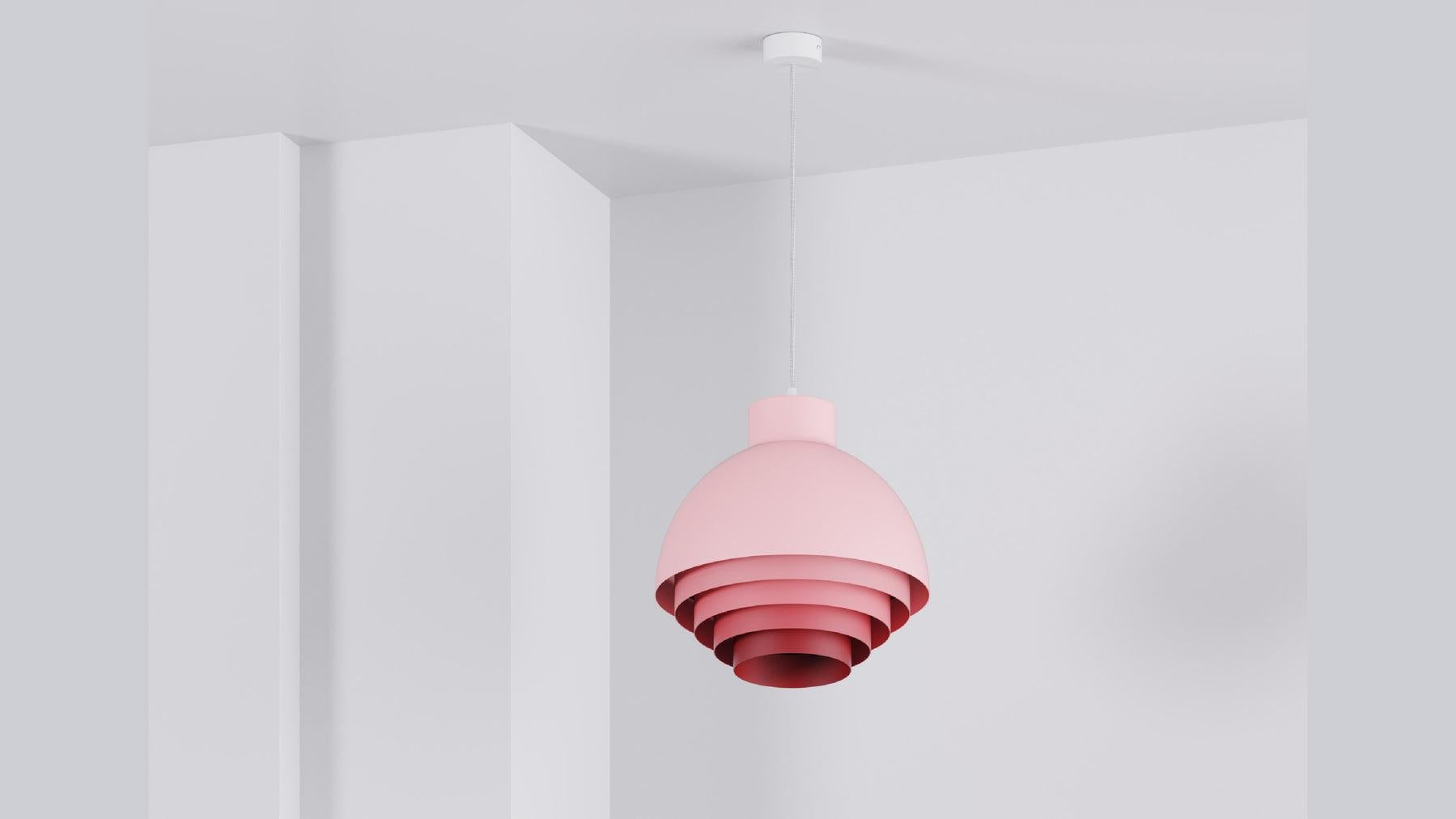 The Strata pendant lamp is inspired by mid-century Scandinavian design and is made in powder-coated steel and brass. The extended louvre detailing in the Strata enables a number of colour combinations and materials to be investigated within this