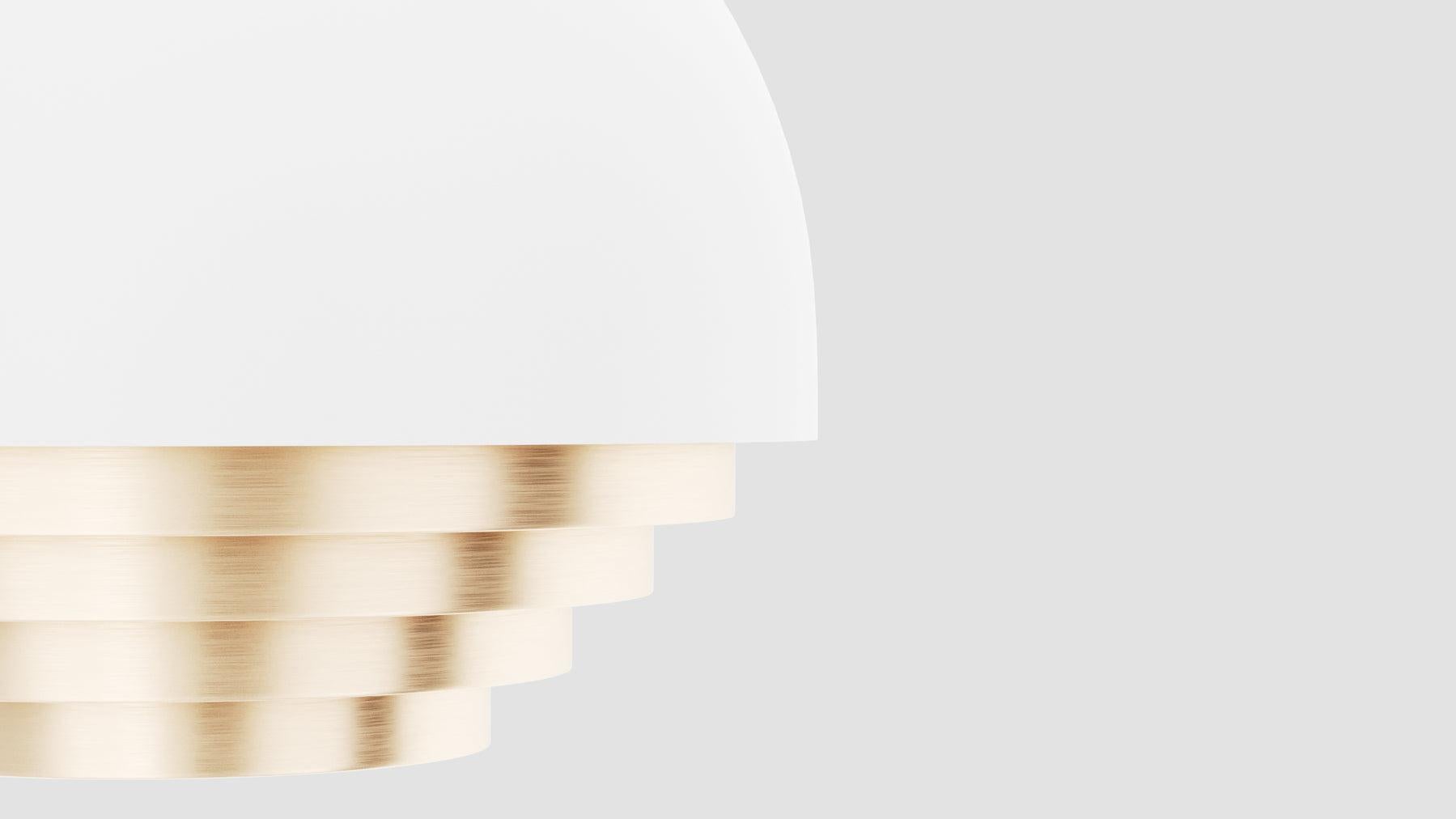 The Strata pendant lamp is inspired by mid-century Scandinavian design and is made in powder-coated steel and brass. The extended louvre detailing in the Strata enables a number of colour combinations and materials to be investigated within this