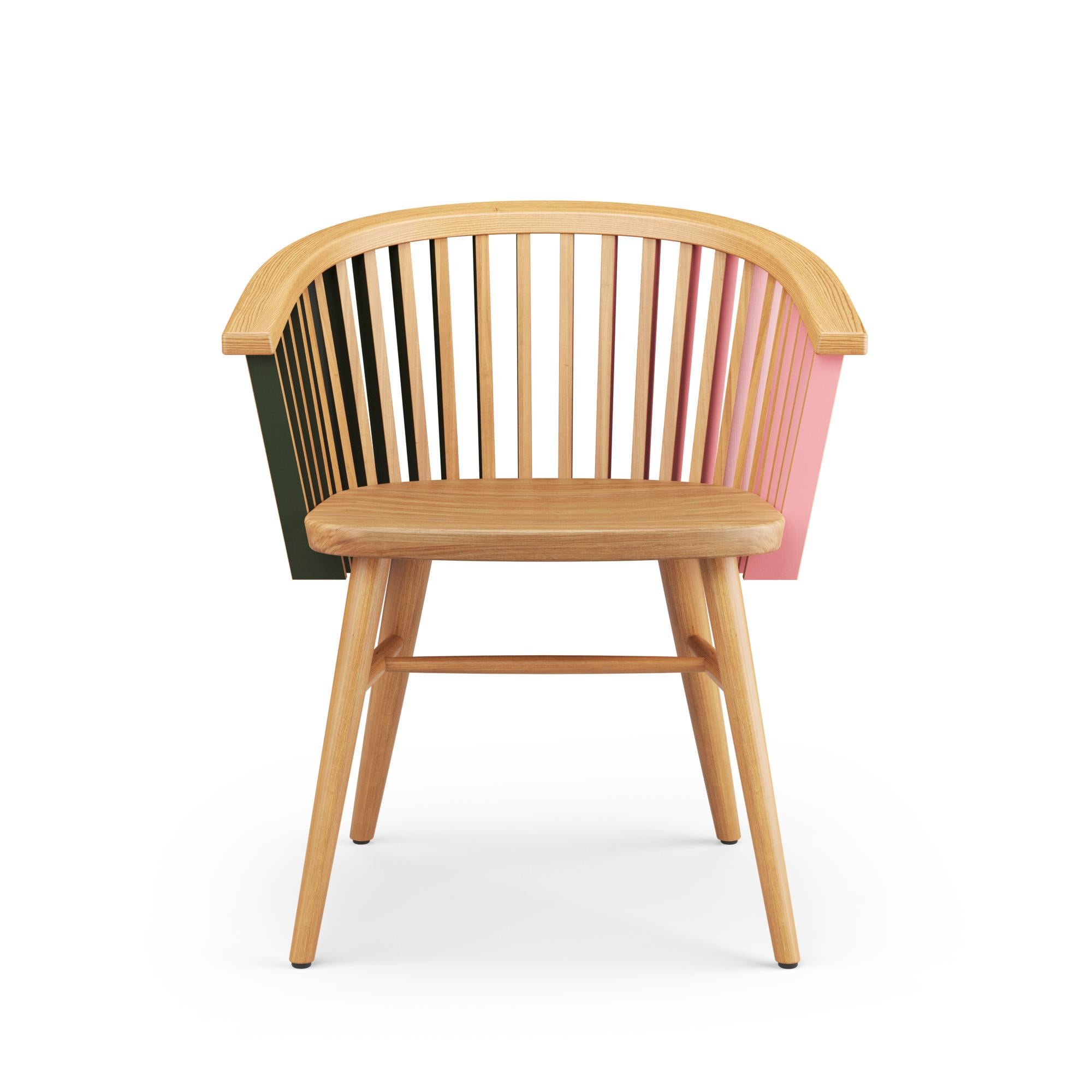 Mexican Hayche, Tornasol Rounded chair, Oak, Green & Pink, Solid Wood, UK, Made To Order For Sale