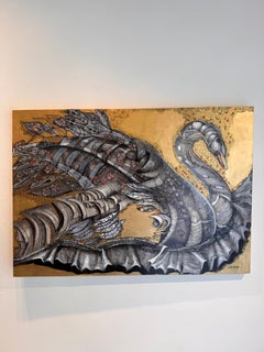 Cisne: Pintura figurativa sobre tabla, naturalista, 70 x 100 cm, nueva