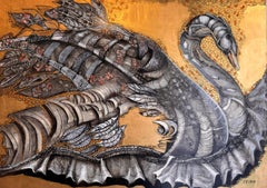 Cisne: Pintura figurativa sobre tabla, naturalista, 70 x 100 cm, nueva