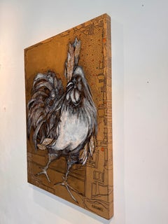 Gallo: Pittura figurativa su tavola, 100x70 cm, Nuova