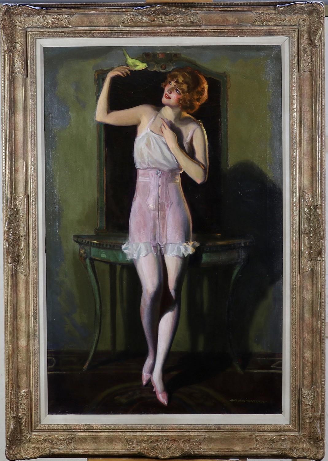Woman with Bird, Advertisement for Treo Elastic Girdles, circa 1923 - Painting by Hayden C (Howard Renwick) Hayden