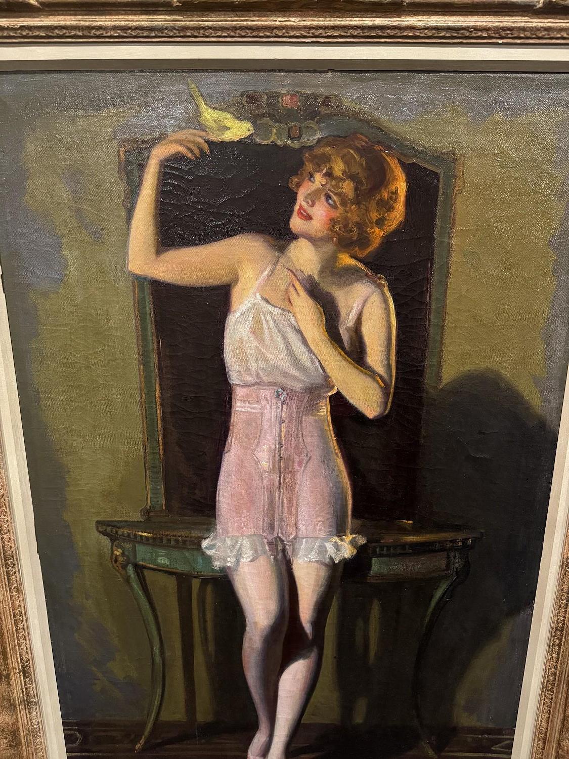 Woman with Bird, Advertisement for Treo Elastic Girdles, circa 1923 - Black Animal Painting by Hayden C (Howard Renwick) Hayden