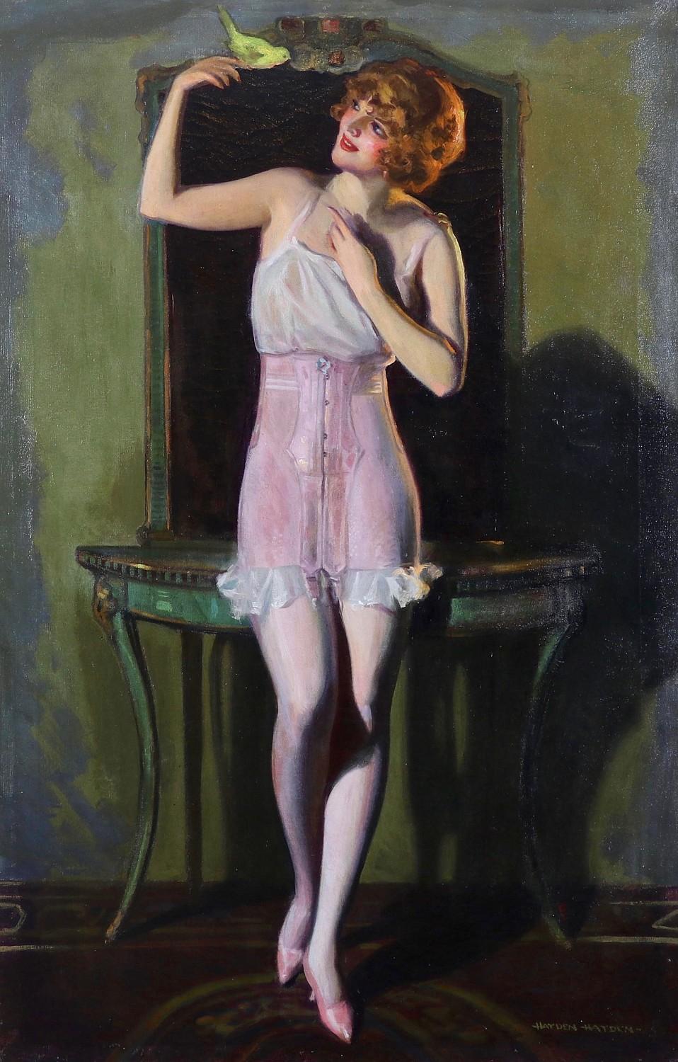 Hayden C (Howard Renwick) Hayden Animal Painting - Woman with Bird, Advertisement for Treo Elastic Girdles, circa 1923