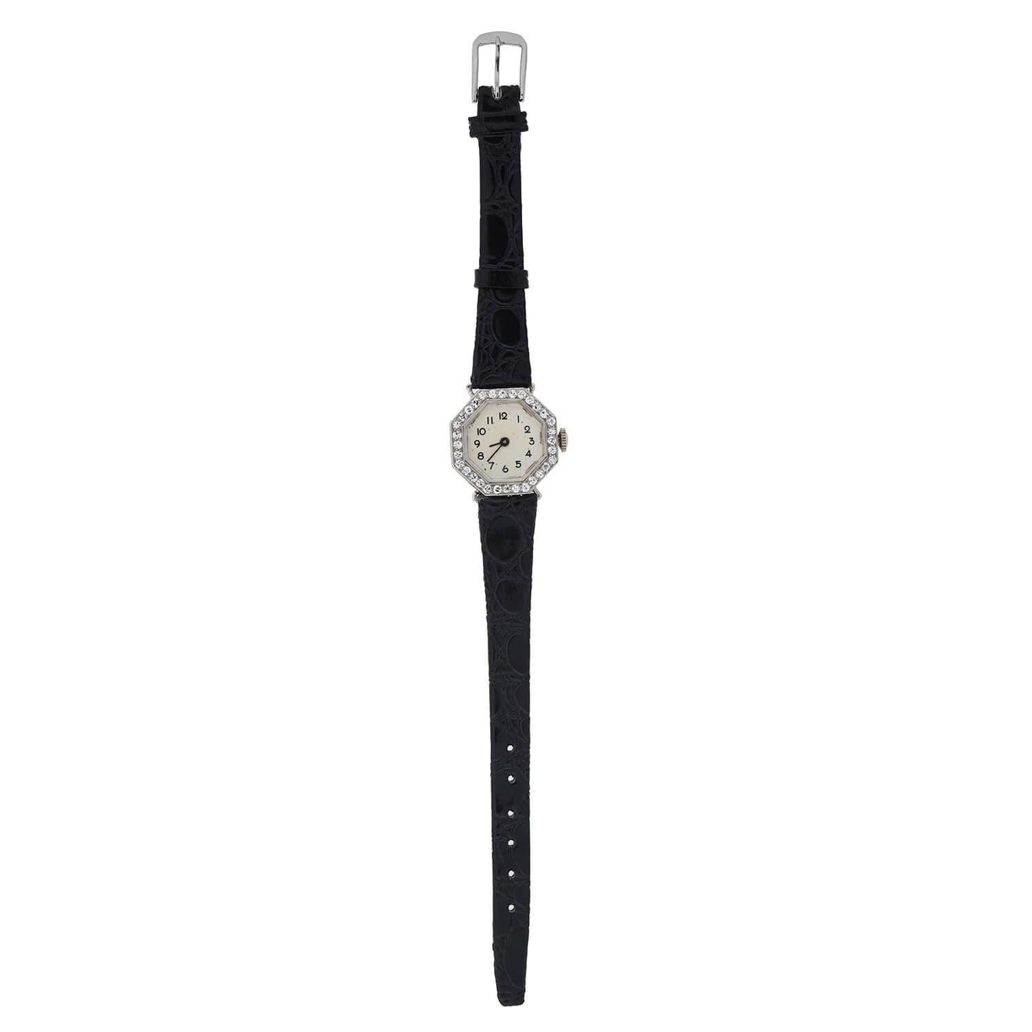 Hayden W. Wheeler & Co. Art Deco Platin-Diamant-Uhr mit Lederband (Art déco) im Angebot
