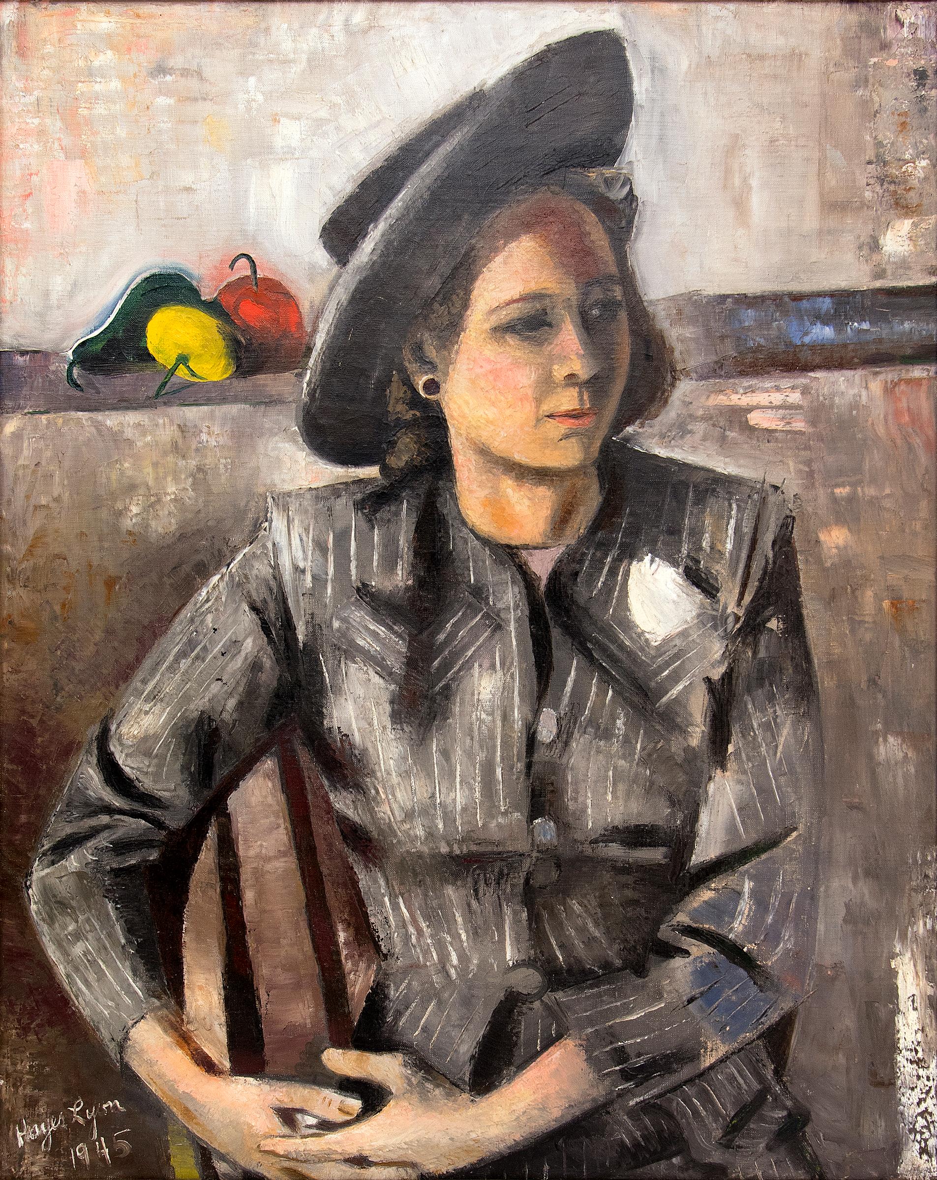 Portrait of Artist's Wife with Fruit, 1945 American Modern Oil Painting  - Brown Figurative Painting by Hayes Lyon