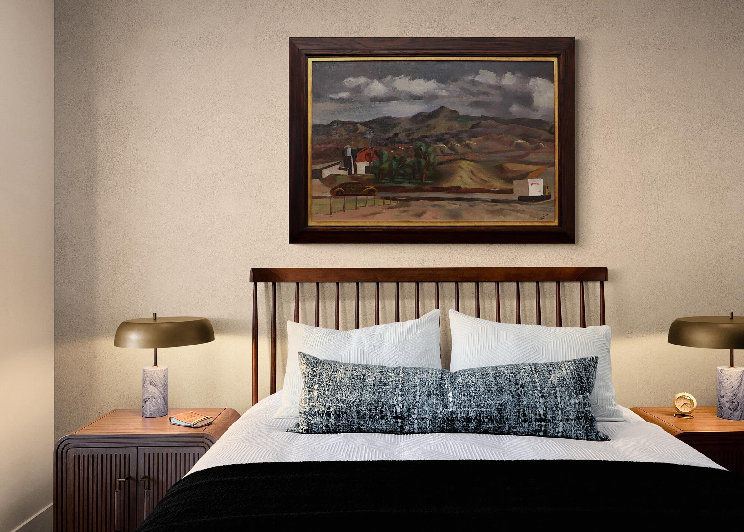 The Hillside, Colorado, peinture à l'huile d'un paysage des années 1930, ferme à flanc de colline avec camion en vente 8