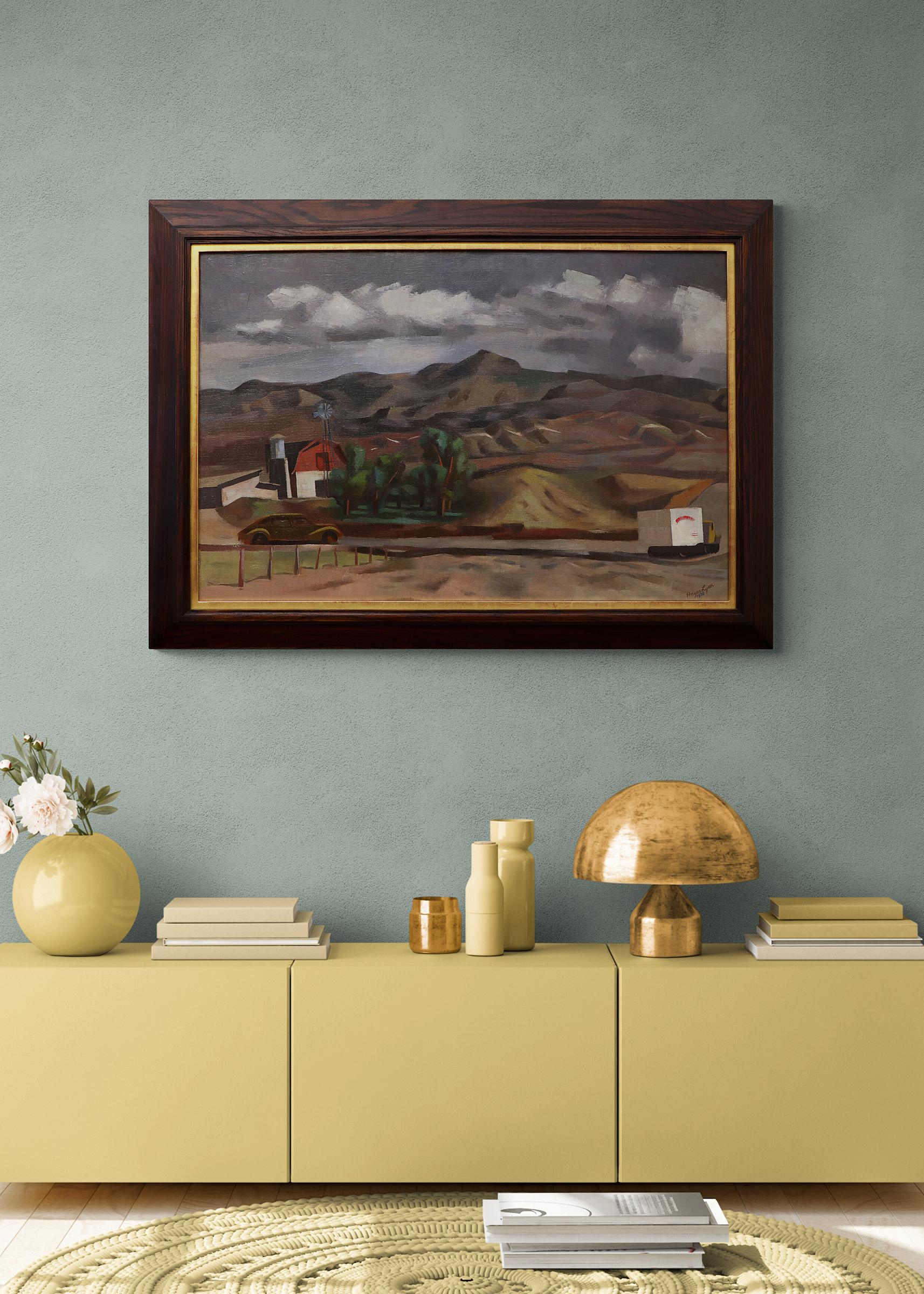 The Hillside, Colorado, peinture à l'huile d'un paysage des années 1930, ferme à flanc de colline avec camion en vente 9