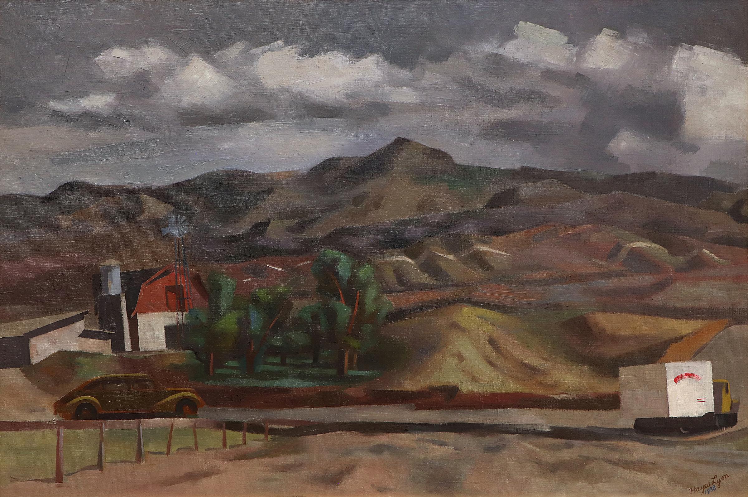 WPA era oil on canvas landscape painting by Hayes Lyon (1901-1987) titled 'The Hillside' from 1938. American modernist portrayal of a hillside farm with a barn and a road with two vehicles driving. Mountain peaks and clouds are in the background.