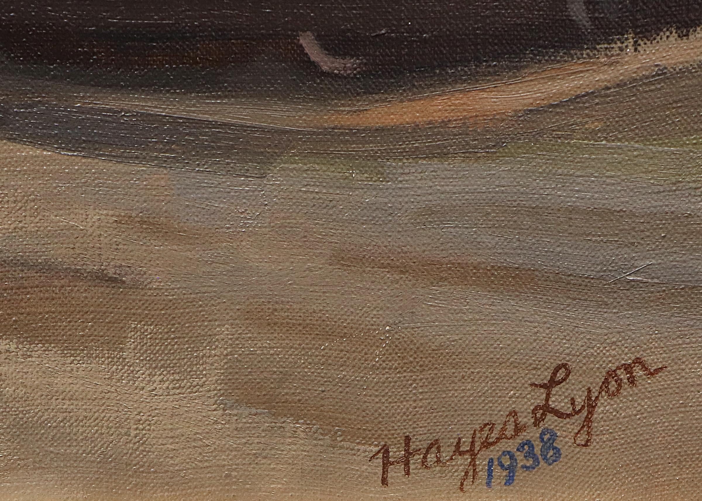 The Hillside, Colorado, peinture à l'huile d'un paysage des années 1930, ferme à flanc de colline avec camion - Modernisme américain Painting par Hayes Lyon