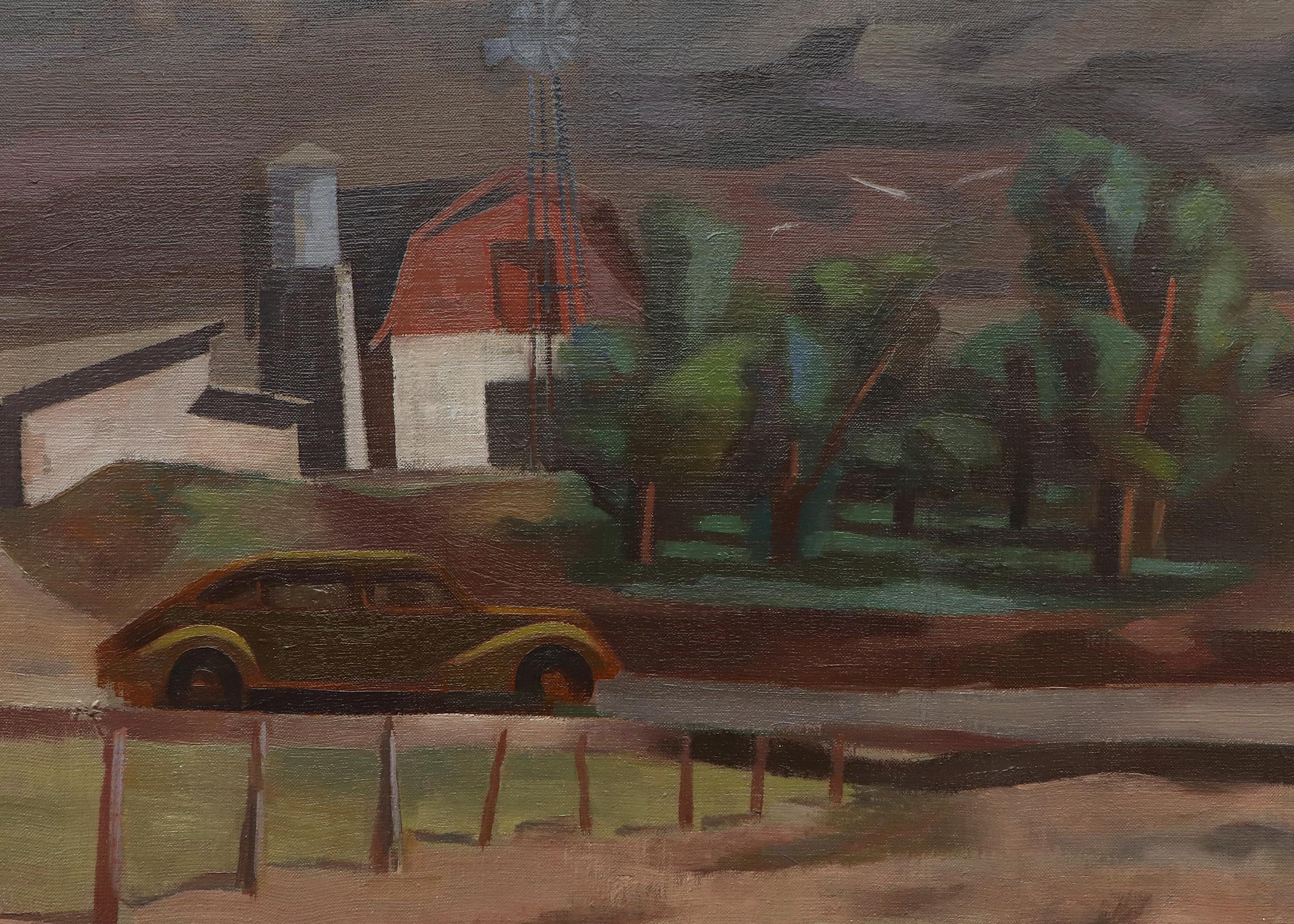 The Hillside, Colorado, peinture à l'huile d'un paysage des années 1930, ferme à flanc de colline avec camion en vente 1