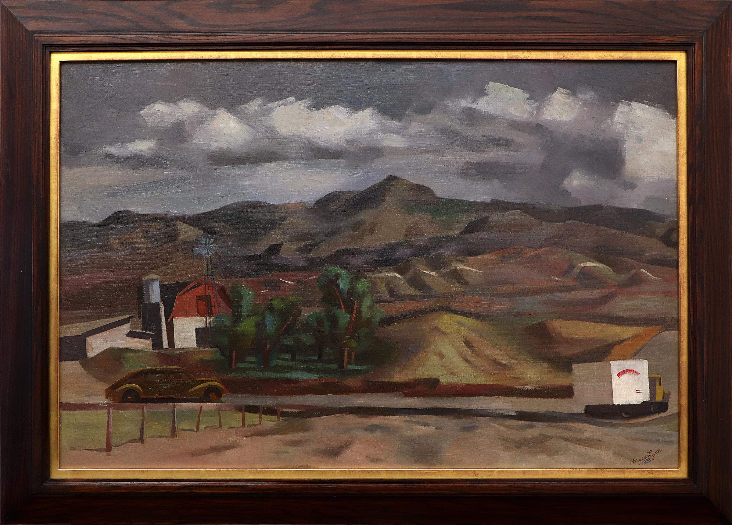 Landscape Painting Hayes Lyon - The Hillside, Colorado, peinture à l'huile d'un paysage des années 1930, ferme à flanc de colline avec camion