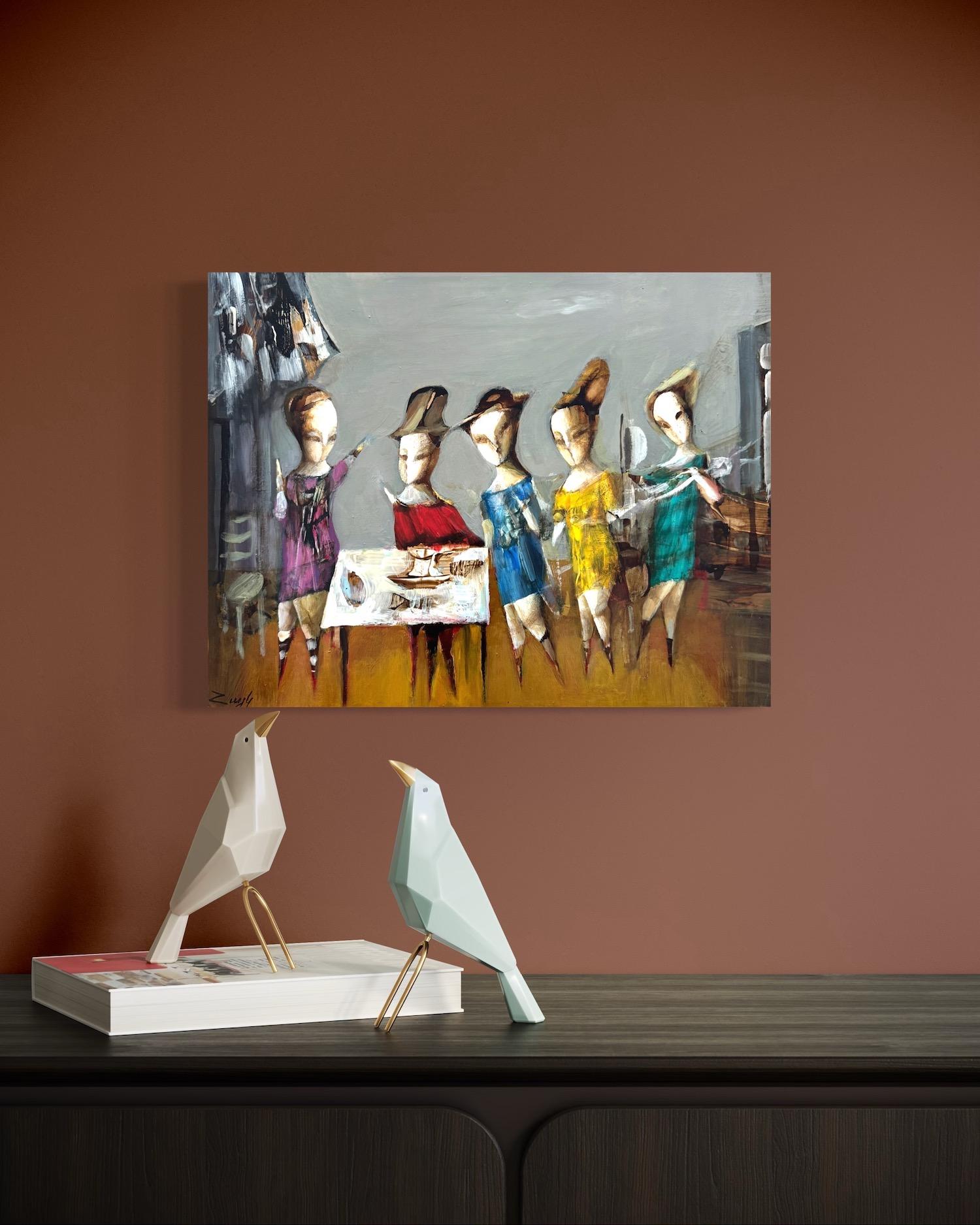 Party, Abstract Figurative Original oil painting, one of a kind - Gray Figurative Painting by Hayk Gasparyan