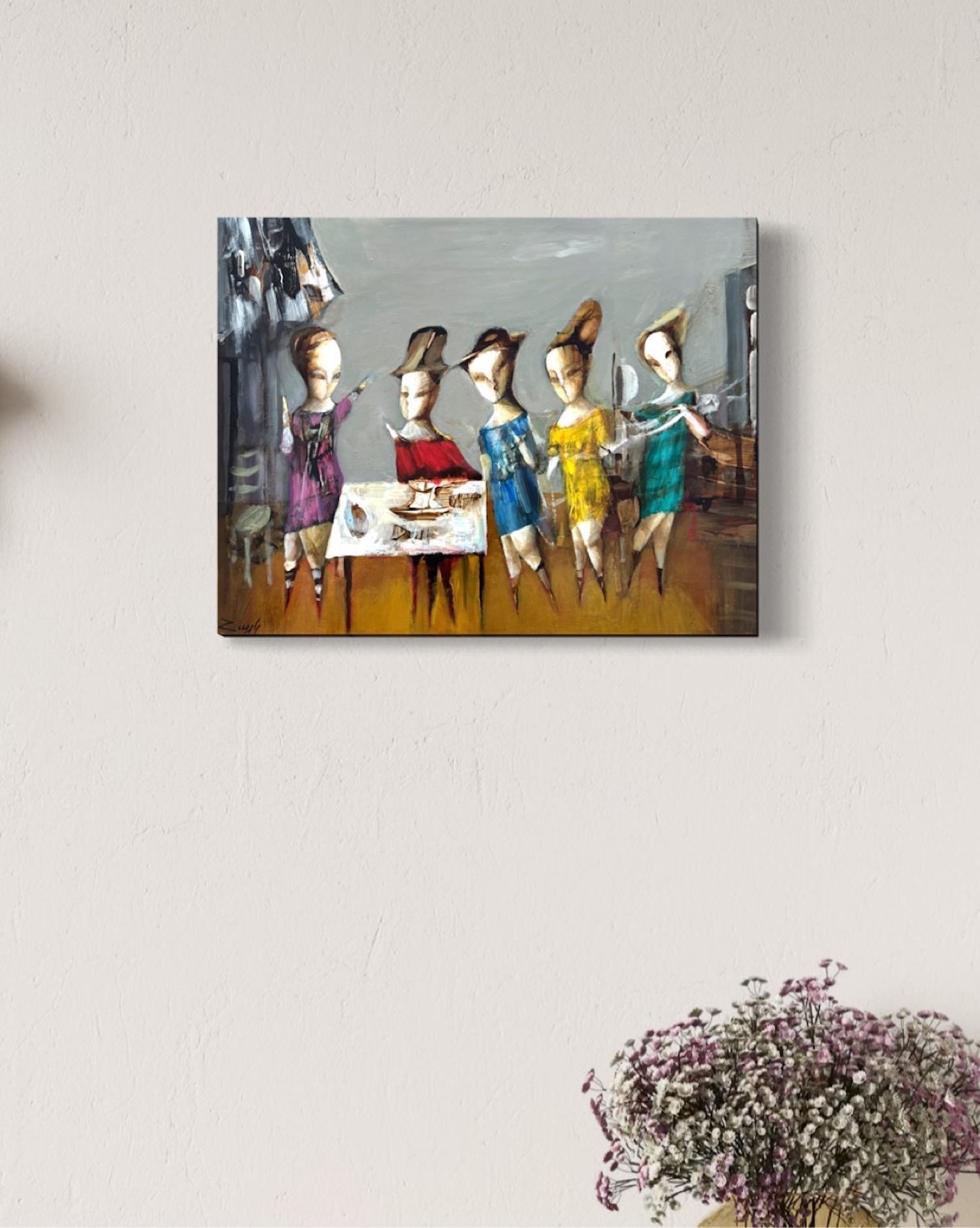 Party, Abstract Figurative Original oil painting, one of a kind For Sale 1