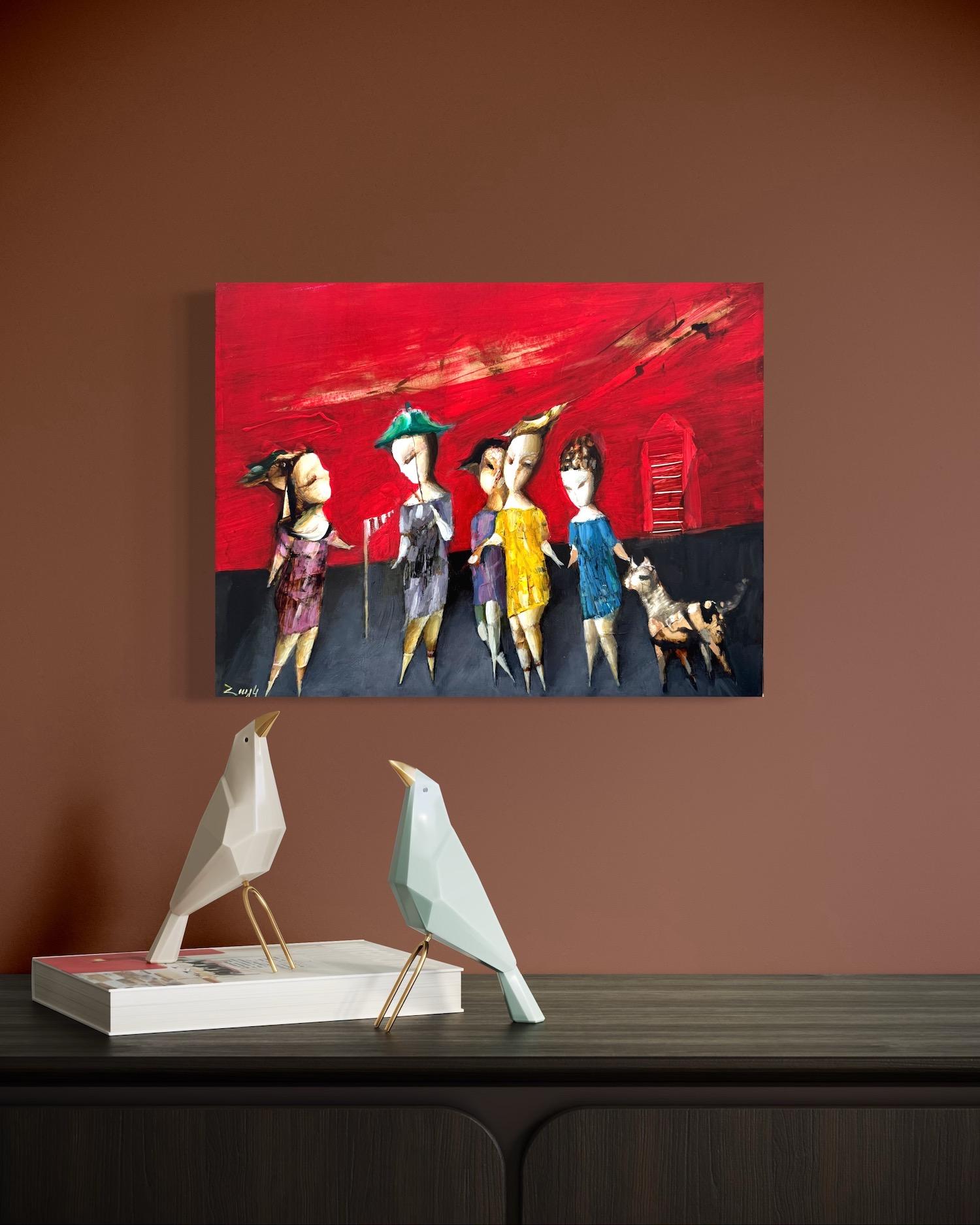 Gehen, Abstrakt Figurativ Original Ölgemälde, Unikat (Rot), Figurative Painting, von Hayk Gasparyan