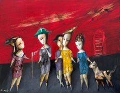 Walking, Abstract Figurative Original oil painting, one of a kind