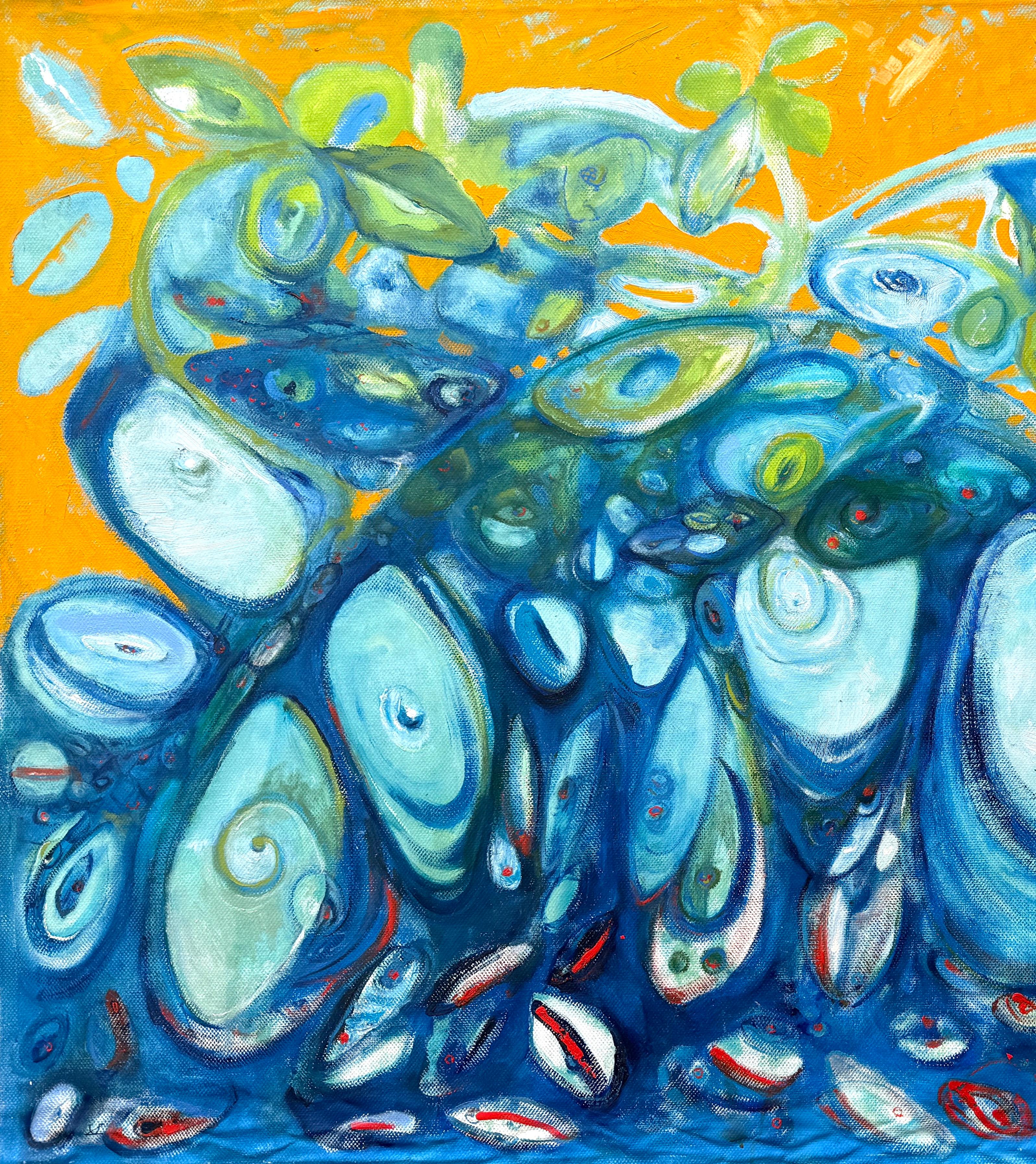 Morning Race, Large size Abstract Original oil Painting, Ready to Hang - Blue Abstract Painting by Hayk Margaryan