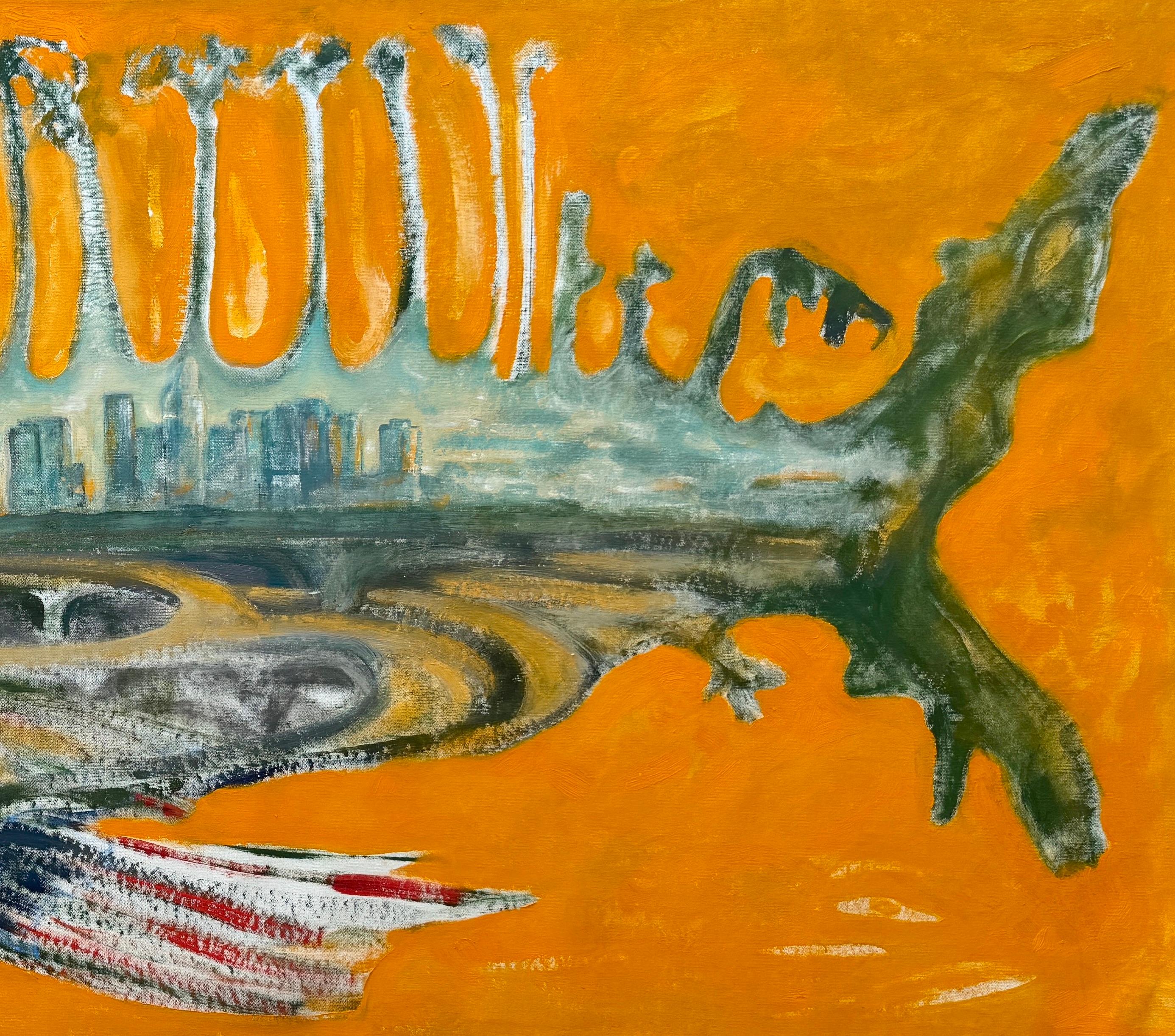 New LA, Großformatiges abstraktes Original-Ölgemälde in Öl, hängefertig, hängefertig (Orange), Abstract Painting, von Hayk Margaryan