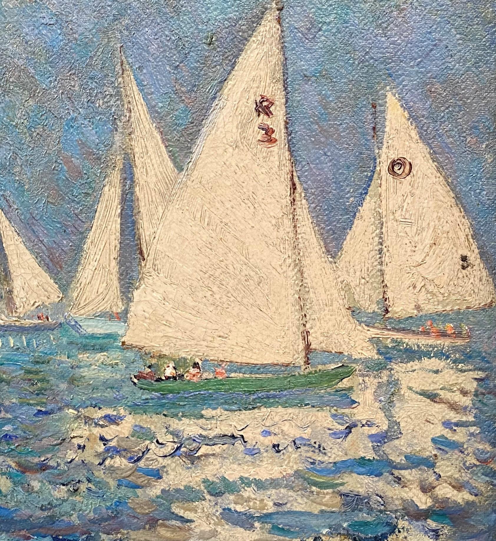 A fine impressionist oil marine sailing painting by Australian American artist Hayley Lever (1876-1958). Lever was born in Adelaide, Australia and studied first at the Adelaide’s Prince Alfred College and later attended James Ashton’s Academy of
