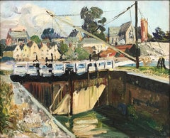 "Canal Locks, Devon, England" Oil on Canvas Impressionist Landscape Painting