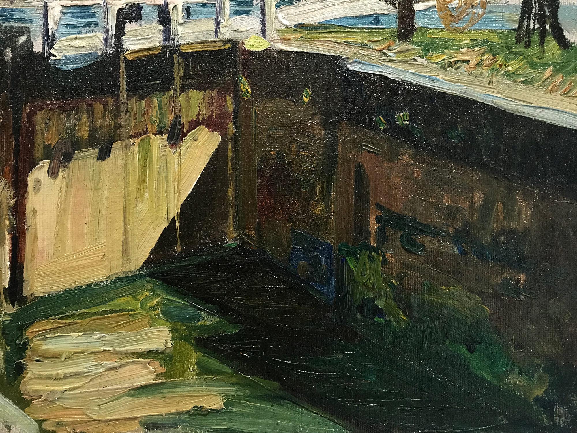 „Canal Locks, Devon, England“, Öl auf Leinwand, impressionistisches Landschaftsgemälde im Angebot 1