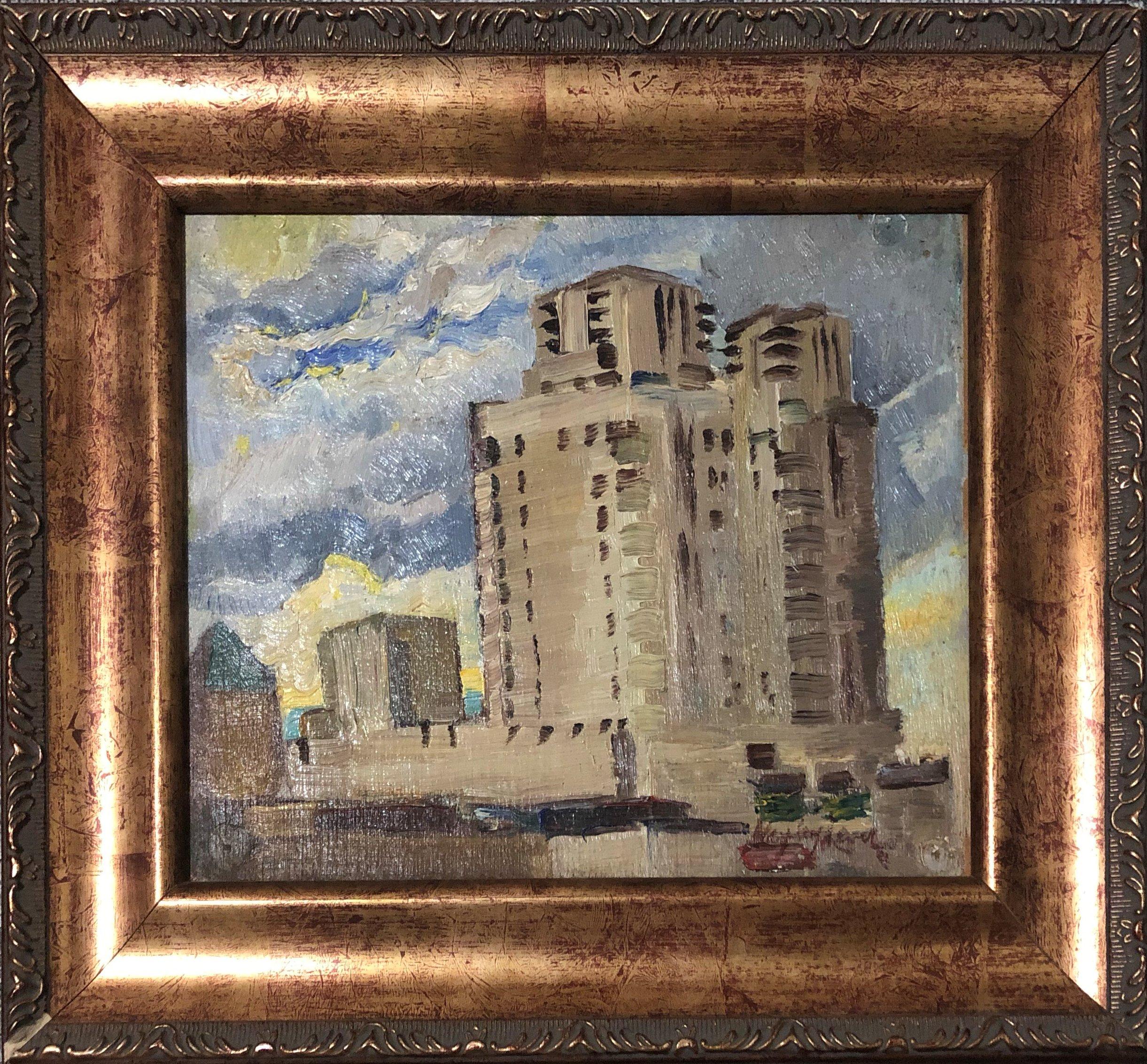 Electric Building in Mount Vernon, Westchester, New York, Impressionist WPA Era – Painting von Hayley Lever