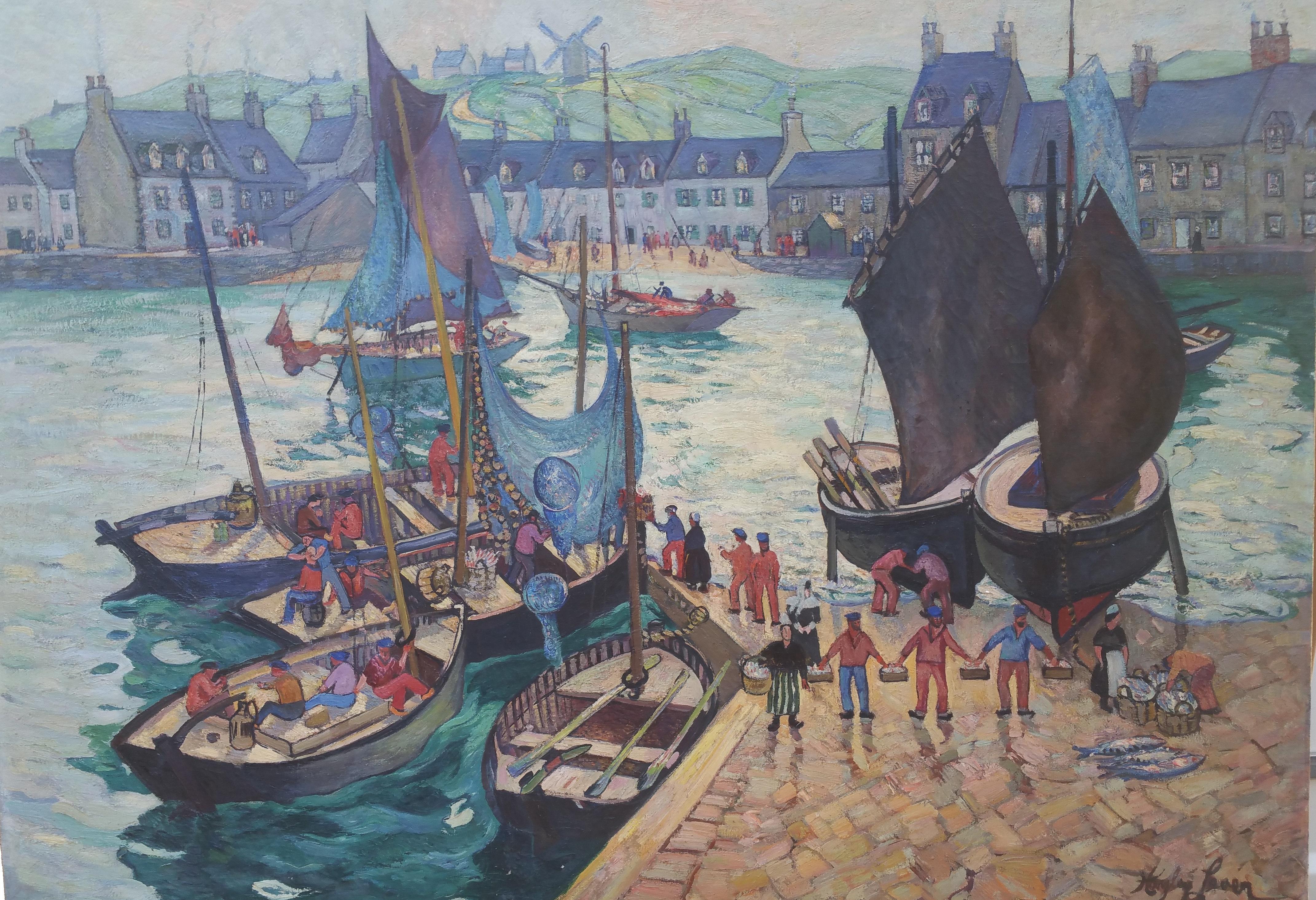 Fishing Harbor, Britisch – Painting von Hayley Lever