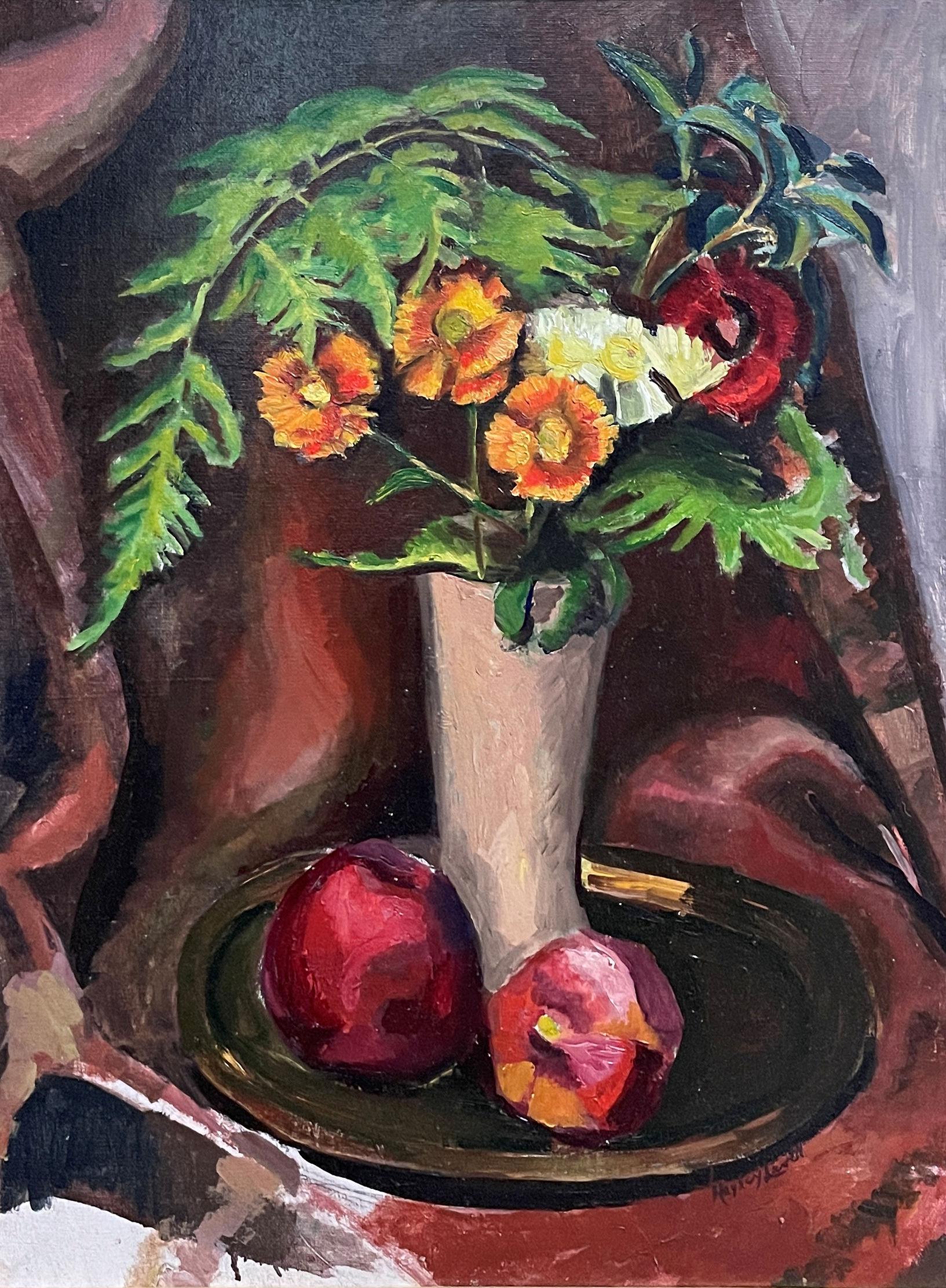 "Bodegón floral con dos manzanas" Hayley Lever, Pintura modernista de bodegones