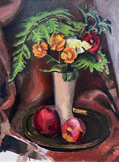 "Bodegón floral con dos manzanas" Hayley Lever, Pintura modernista de bodegones