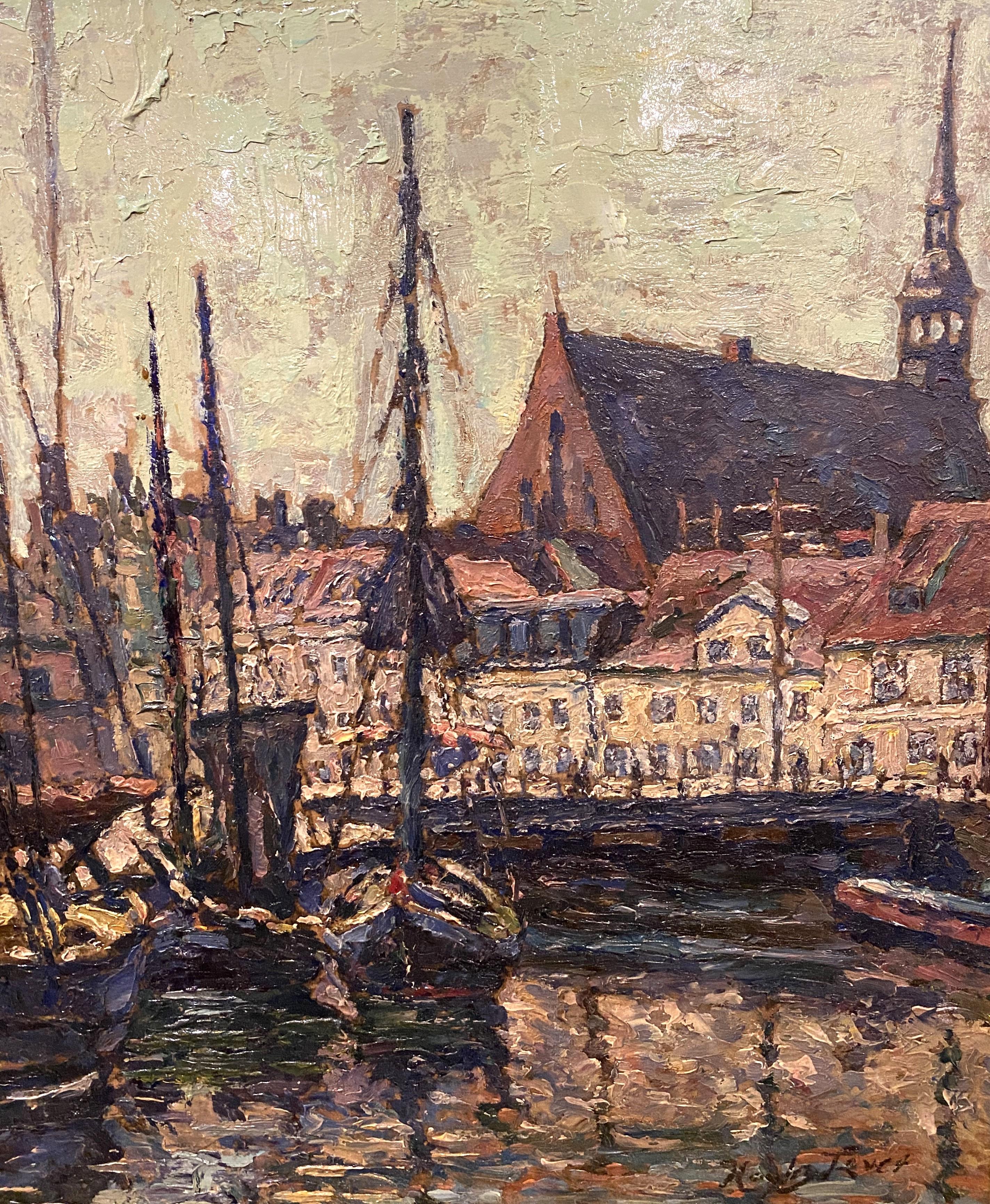 A fine impressionist oil marine harbor scene painting  by Australian American artist Hayley Lever (1876-1958). Lever was born in Adelaide, Australia and studied first at the Adelaide’s Prince Alfred College and later attended James Ashton’s Academy