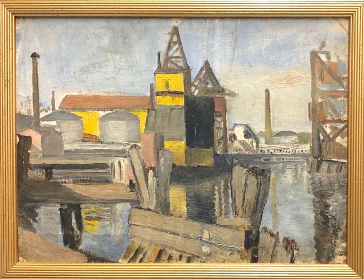 Hayley Lever Landscape Painting - "Harbor with Industrial Plant"-Framed, Original Oil on Hardboard. 