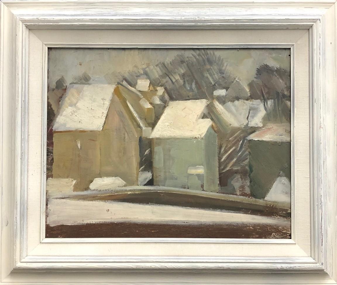 Hayley Lever Still-Life Painting – "Häuser" Gerahmtes Original Öl auf Hartfaserplatte.