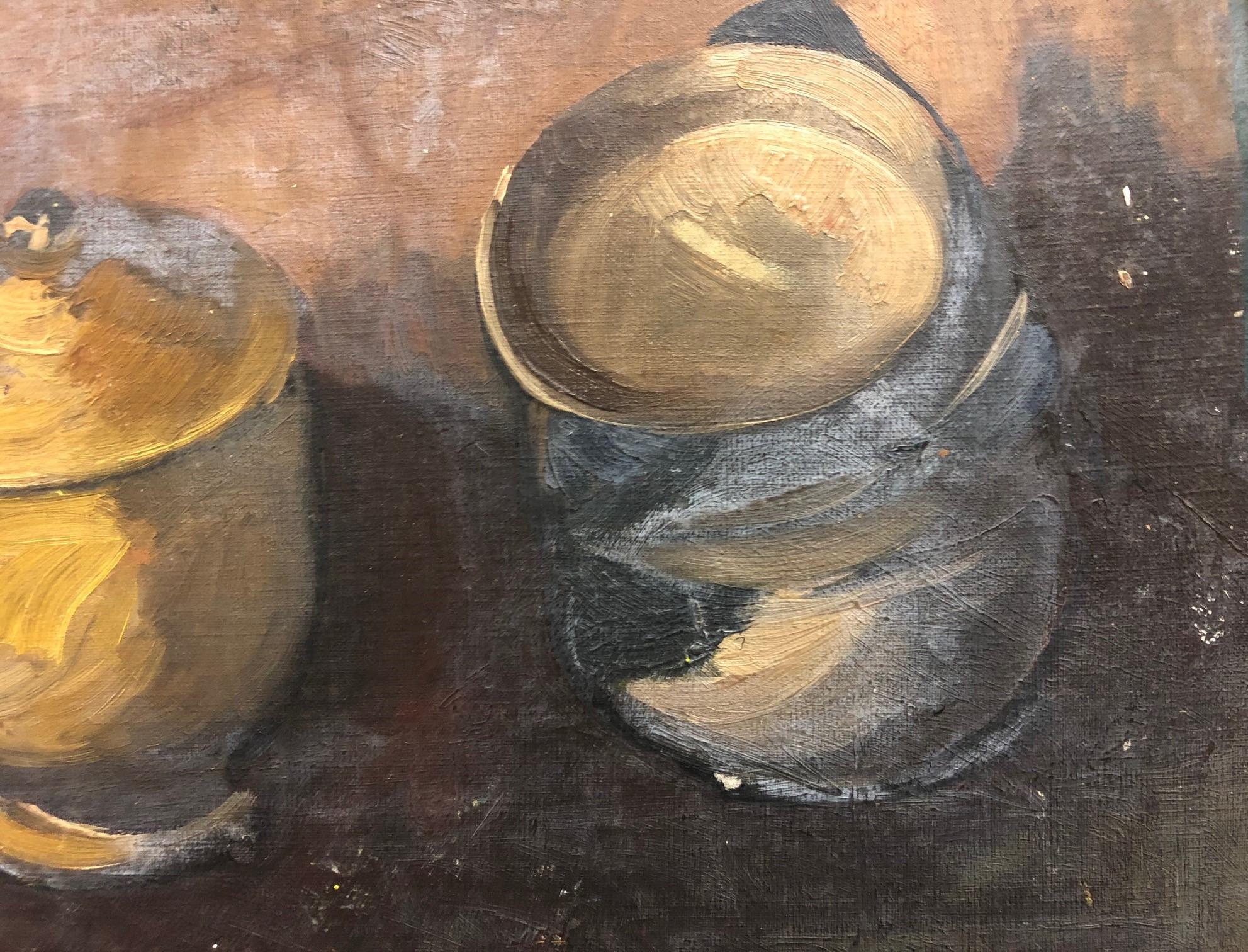 Gerahmtes Ölgemälde auf Hardboard „Stillleben mit zwei Töpfen“, signiert vom Künstler – Painting von Hayley Lever
