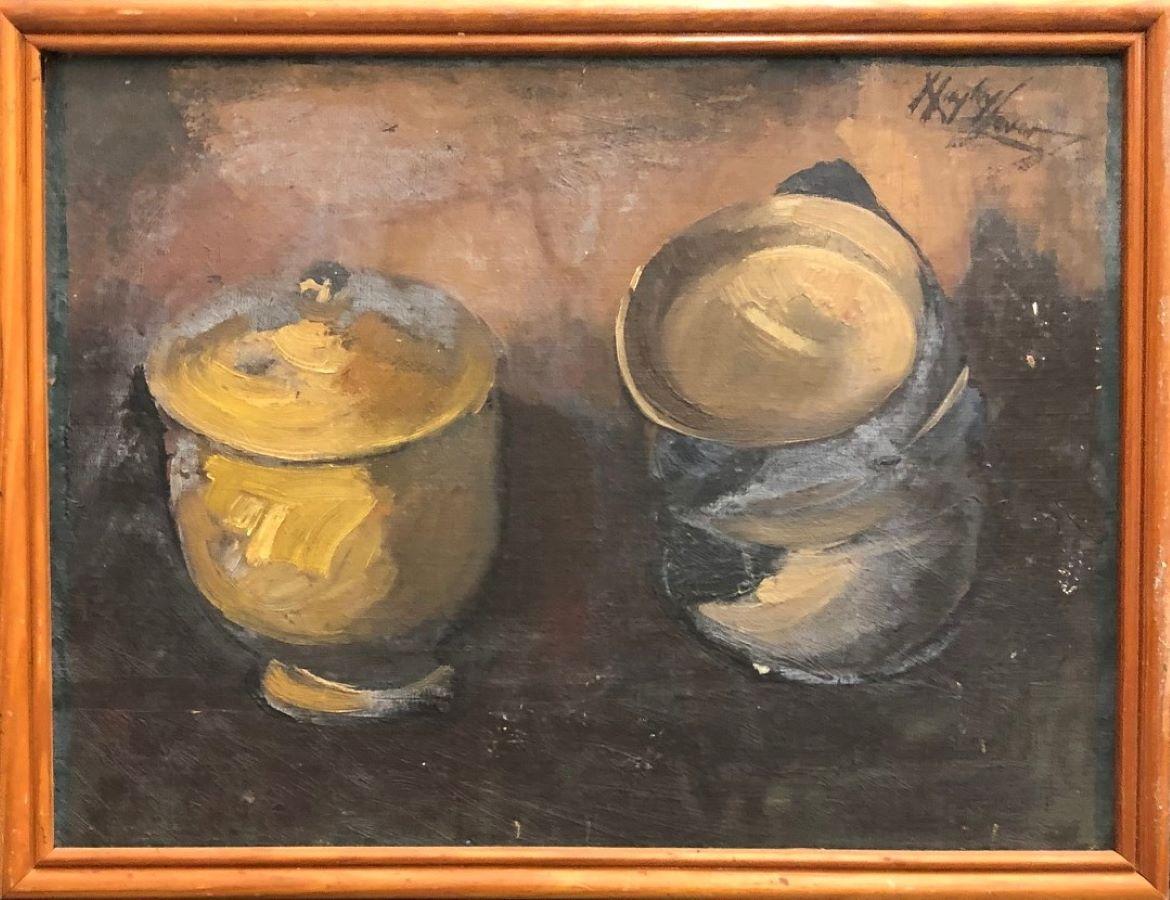Hayley Lever Still-Life Painting - "Still Life of Two Pots" Framed Oil on Hardboard, Signed by Artist 