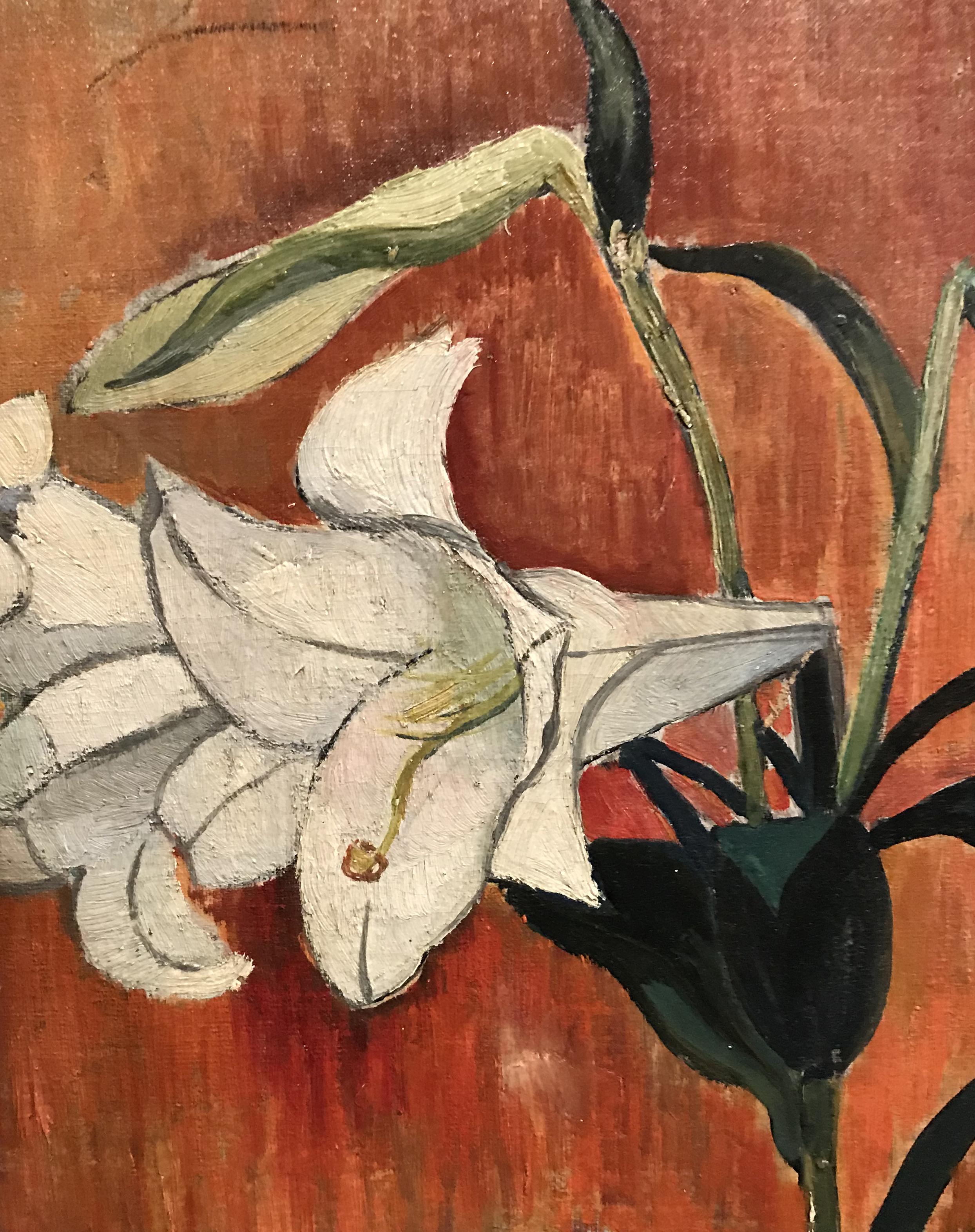 Une belle nature morte avec des lys peinte par l'artiste australo-américaine Hayley Lever (1876-1958). Lever est né à Adélaïde, en Australie, et a d'abord étudié au Prince Alfred College d'Adélaïde, puis à l'Académie des arts de James Ashton. Il a