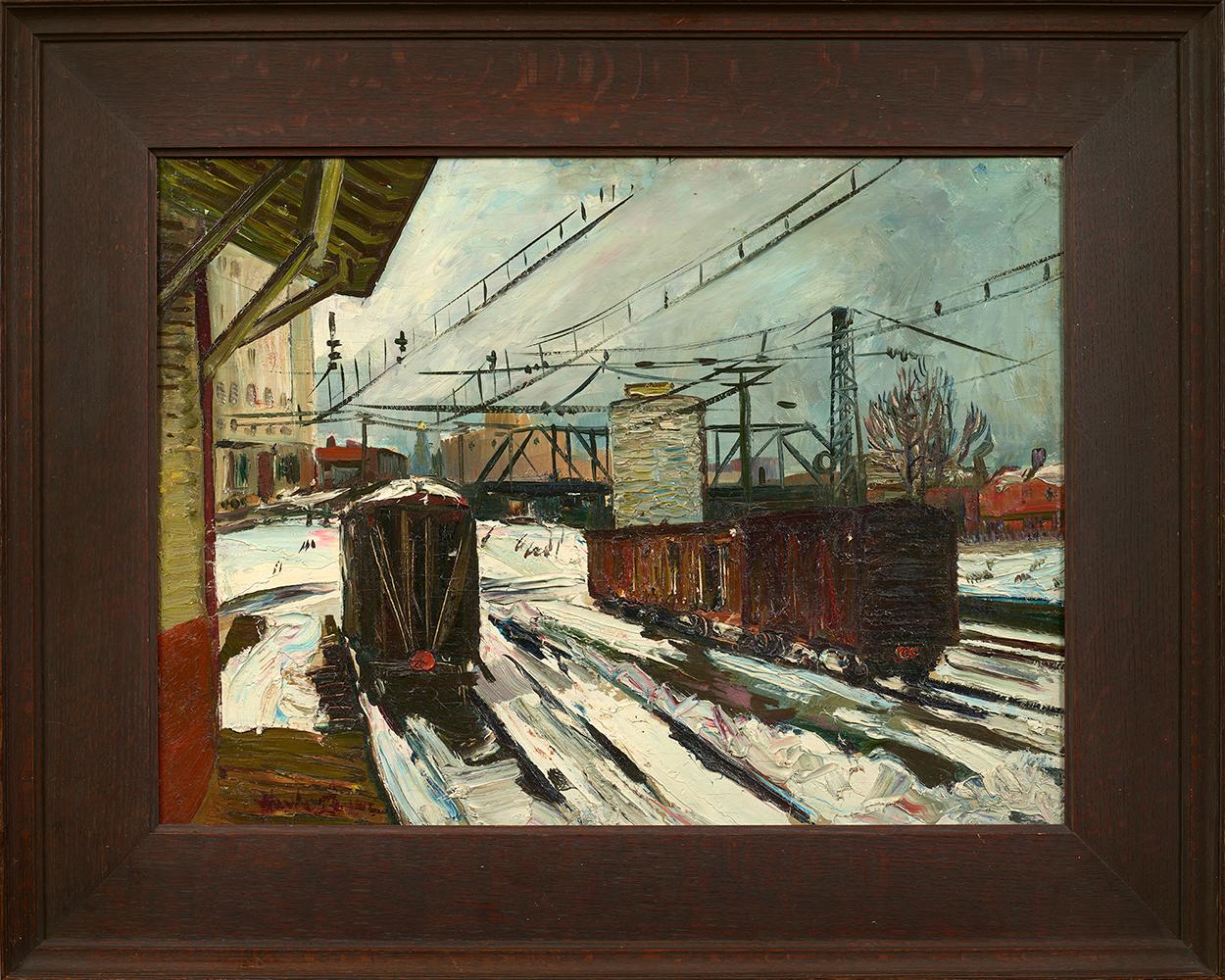 Station ferroviaire en neige - Painting de Hayley Lever