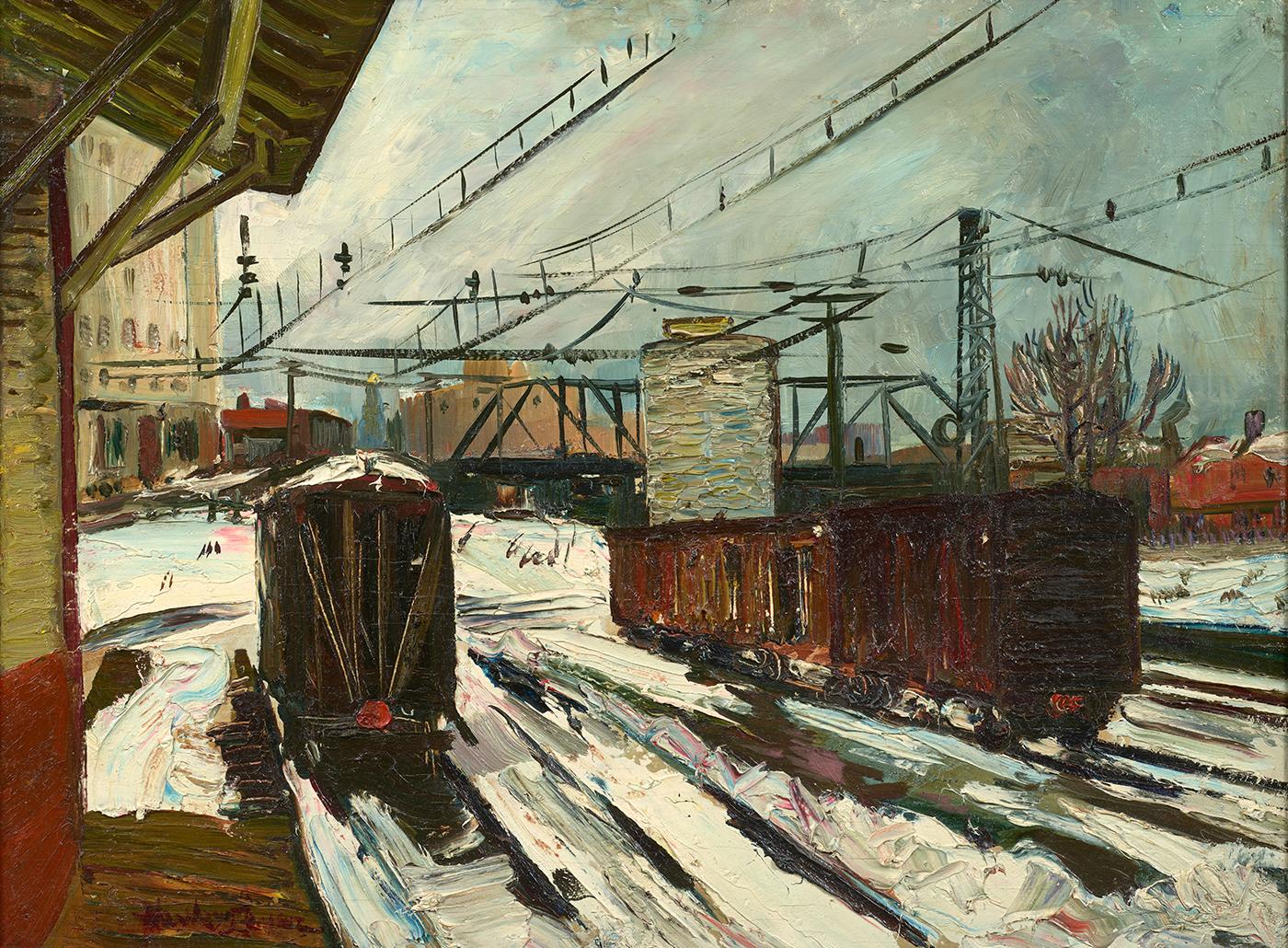Hayley Lever Landscape Painting - Train Station in Snow