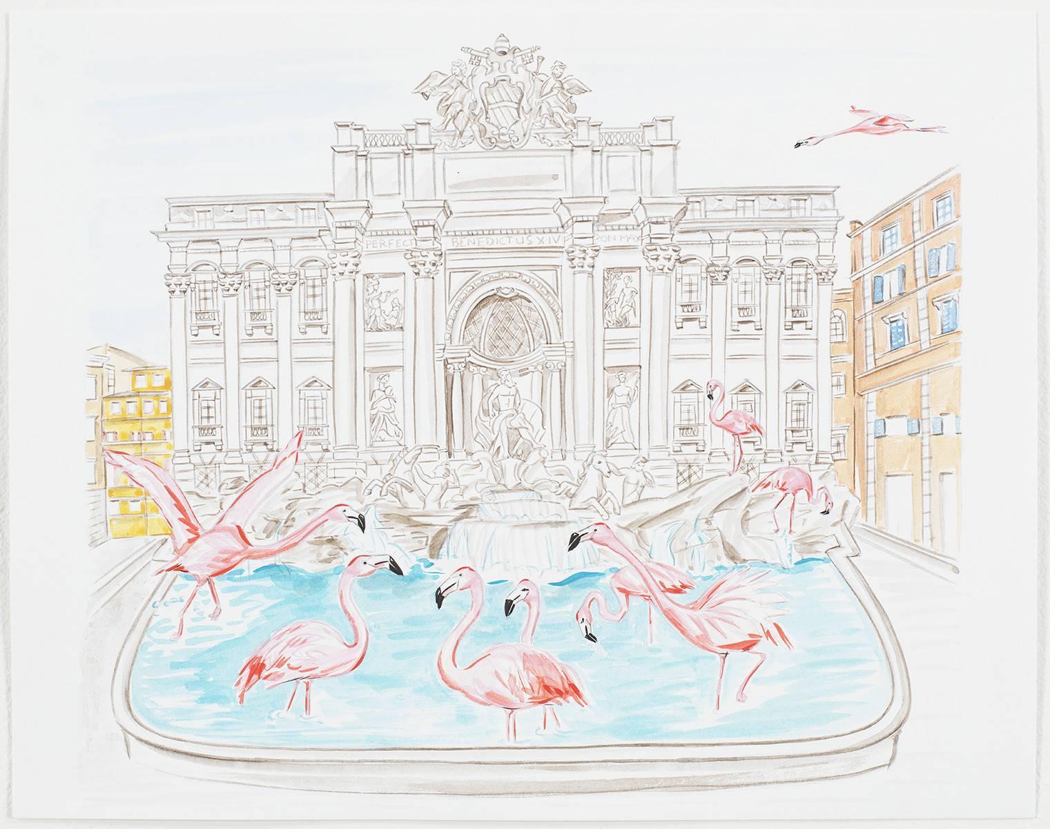 Hayley Sarno Animal Print - Flamingos Flock to the Trevi Fountain